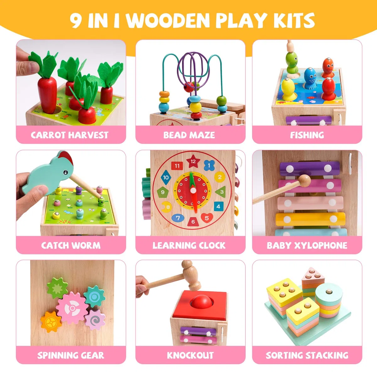 NUKied Montessori Jouet Bebe 1 2 3 an |9 en 1 Cube d'activités motrices dès |Frapper la Balle,Formes À Trier Empiler Jeu,Jouet de Récolte de Carottes,Jouet en Bois pour Cadeau Fille Garcon Bébés