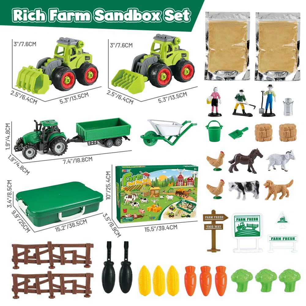 FRUSE Sable Jouet Magique pour Animaux de la Ferme,Jouets Sensoriels avec 1 KG Sable Sensoriels,Figurines Animaux,et Tracteur Jouet,Bac a Sable avec Couvercle,Sable Jouet pour Enfant de 3 à 8 ans