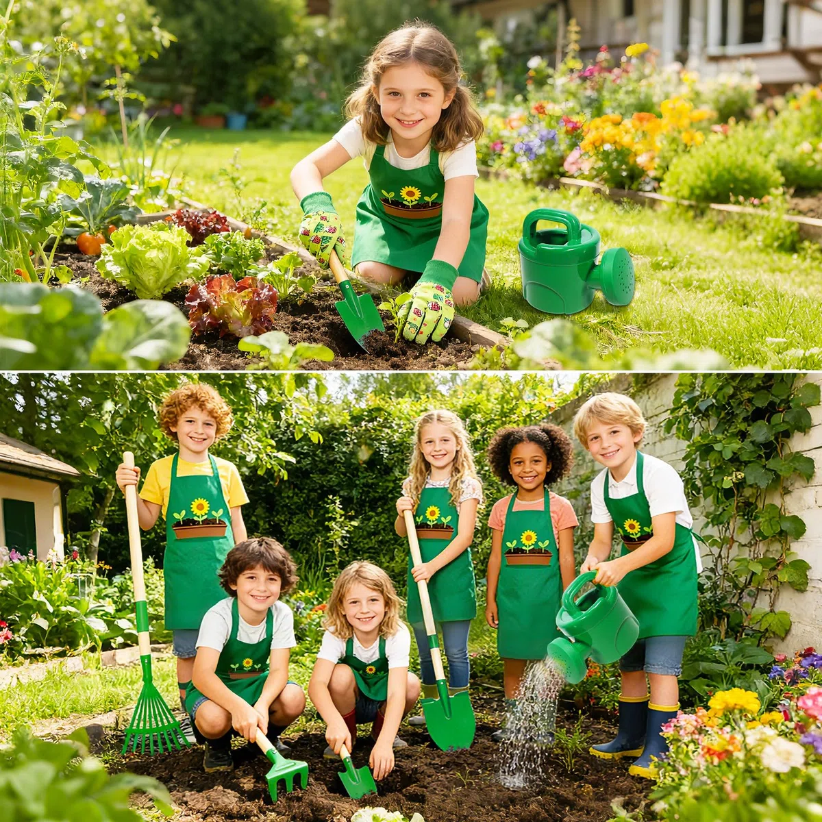 Outils Jardinage Enfant, 10 Kit Jardin Métal avec Pelle, Râteau, Fourche, Gants de Travail, Tablier, Arrosoir, Ensemble Complet de Jardinage pour Enfants, Jardin Extérieur, Cour, Pelouse (A)