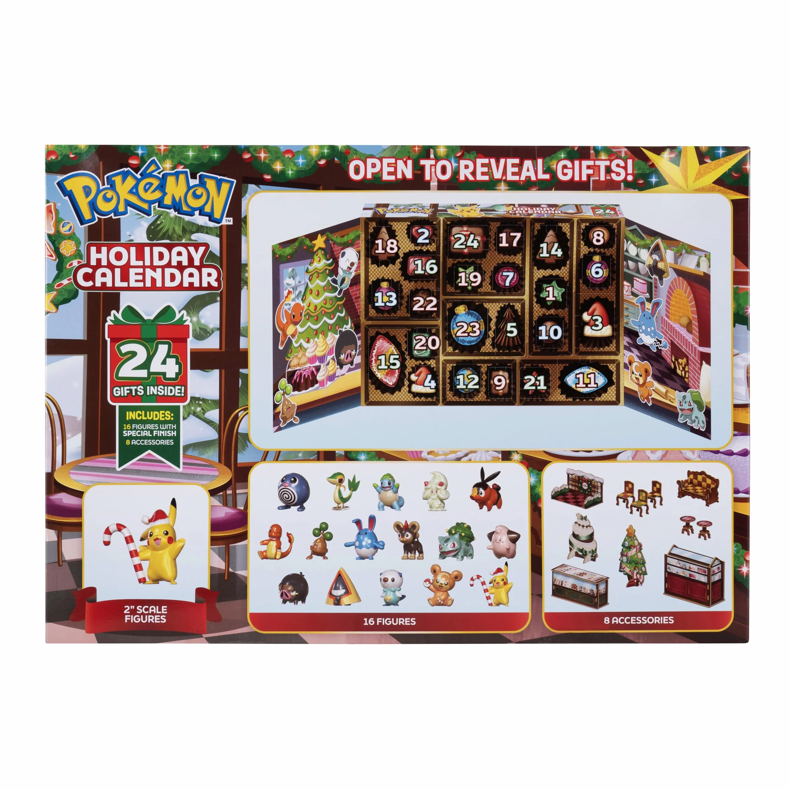 Pokémon Calendrier de l'avent Pokémon 2025 – Comprend 16 figurines de combat de 5 cm avec une finition spéciale et 8 accessoires uniques