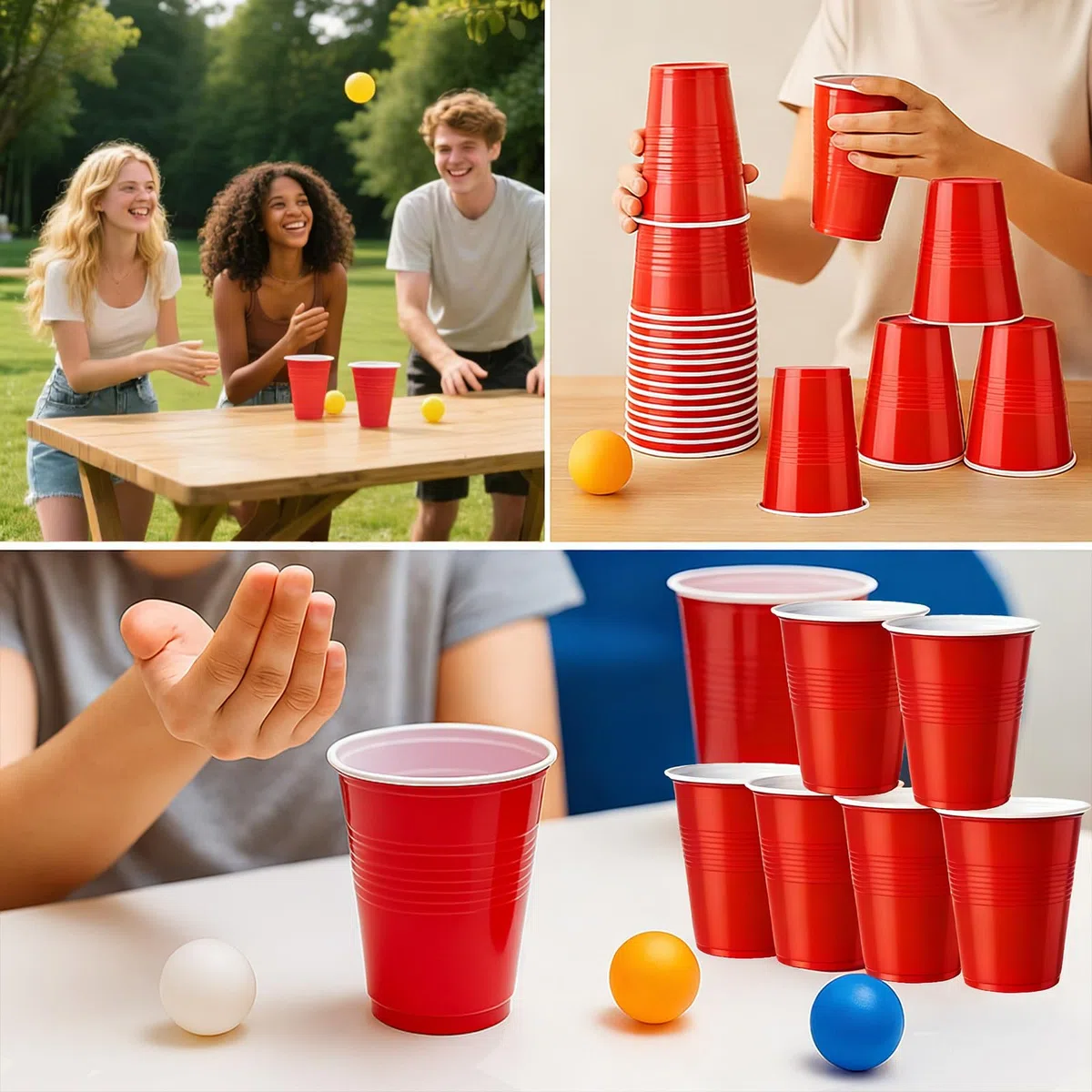 Gobelet Plastique Reutilisable, 100 Gobelets de Fête und 10 Balle Ping Pong, 500ml Verre Boisson pour Anniversaires, Fêtes, Mariages, Camping