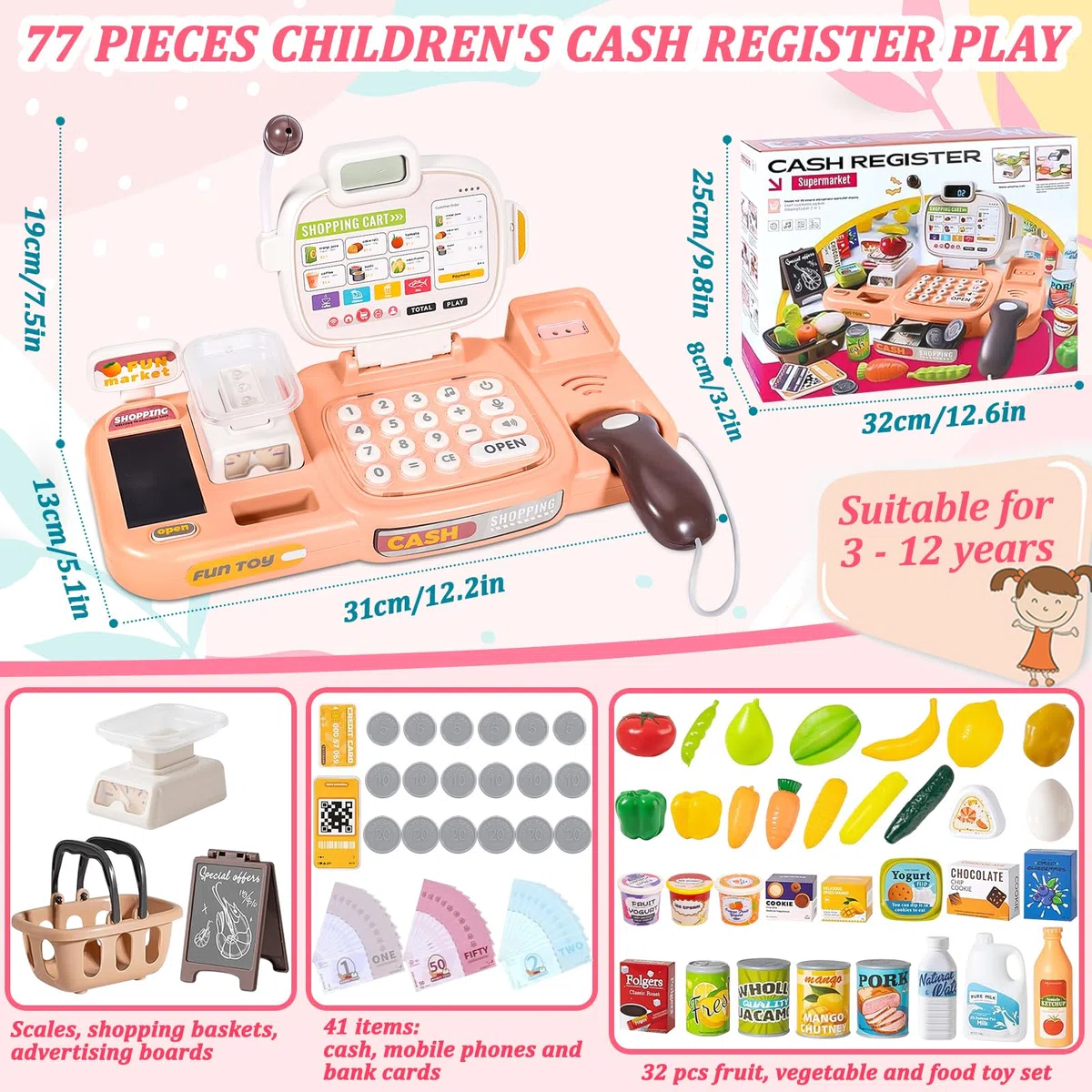 Jouet Caisse Enregistreuse pour Enfants avec Scanner et Son, Caisse de Magasin Jouet, 72 Accessoires (Calculatrice, POS, Argent Fictif, etc.) & Musique, Jeu de Rôle pour Garçon Fille de 3+ Ans