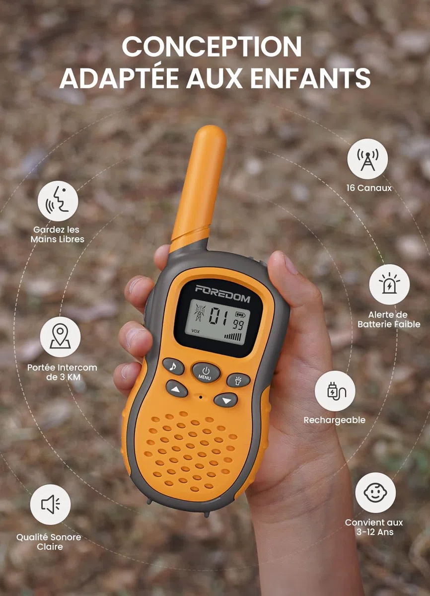 FOREDOM Talkie Walkie Enfants Rechargeable, Talkie-Walkie Longue Portée pour Garçons & Filles de 3-12 Ans avec Lampe, Lot de 2 - Orange