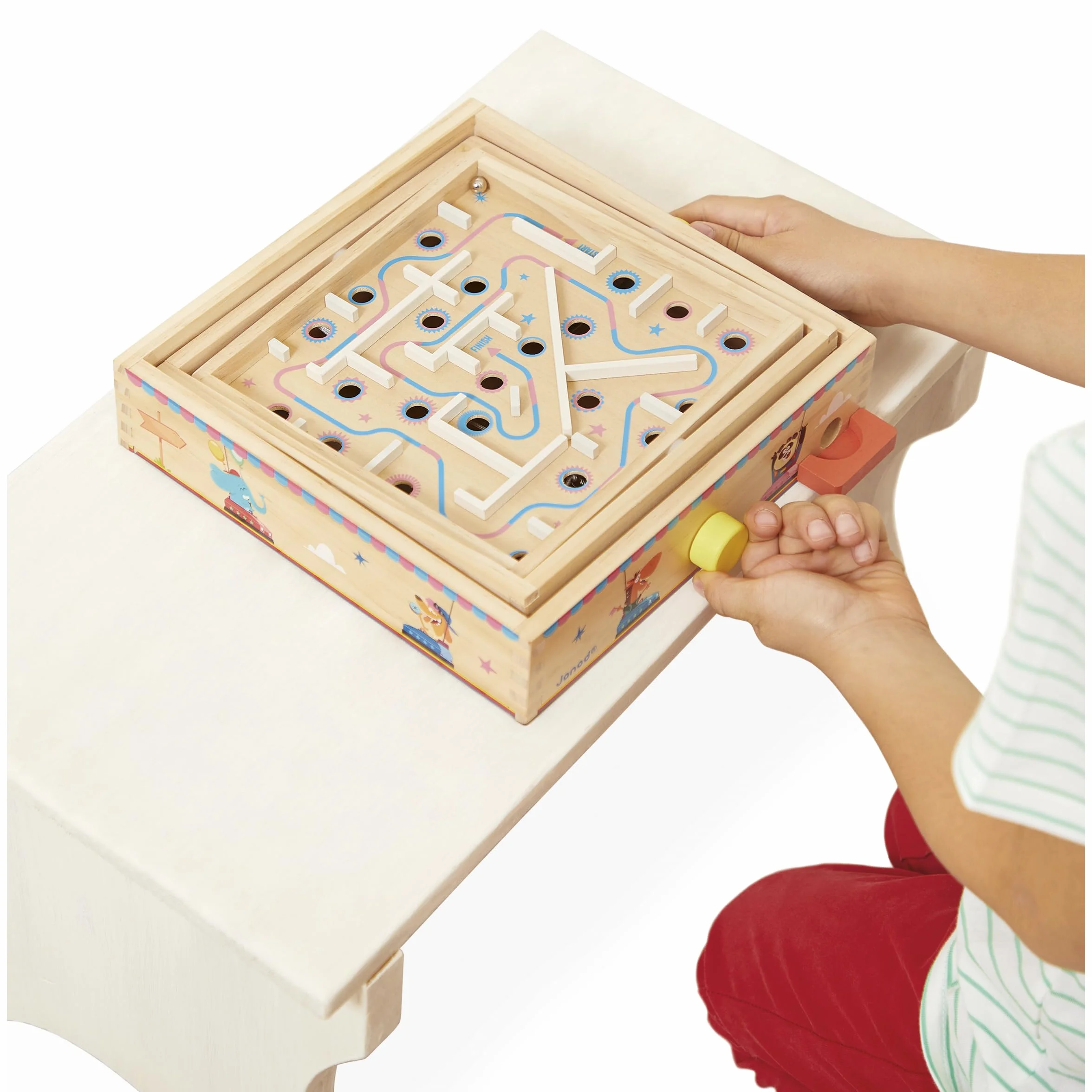 Janod - Jeu Labyrinthe en Bois Enfants et Adultes - Jouet Traditionnel - Parcours de Bille - 2 Billes Métal Fournies - Développe la Concentration et l'Adresse - Jouet en Bois FSC - Dès 5 Ans - J03371