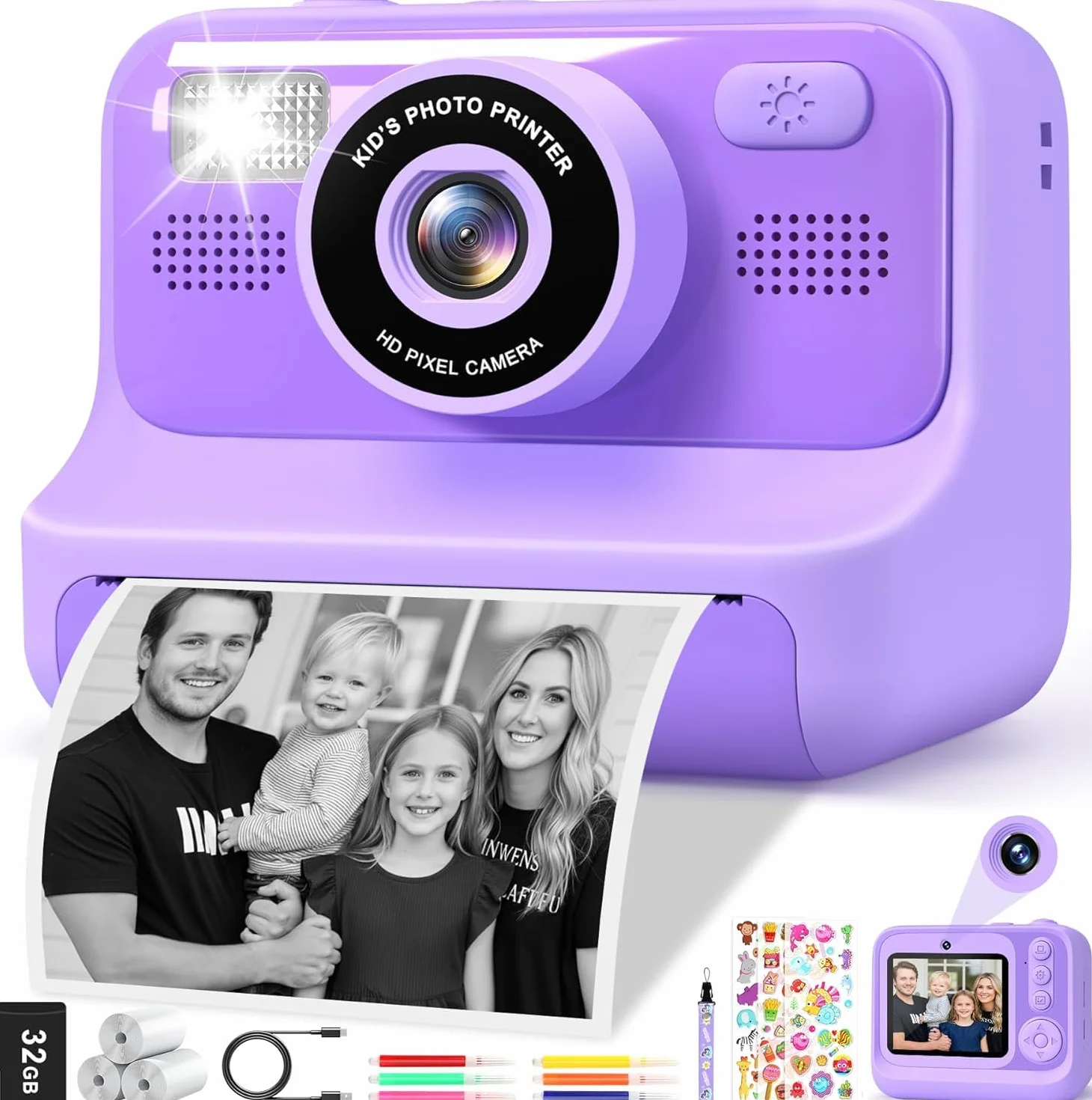 Subtail Appareil Photo Instantané Enfant - 2.4 Écran Appareil Photo Numérique Enfant avec Mode Selfie et Carte 32GB et Papier d'impression - Cadeau Jouet pour Enfant Garçons Filles de 3-12 Ans -Violet