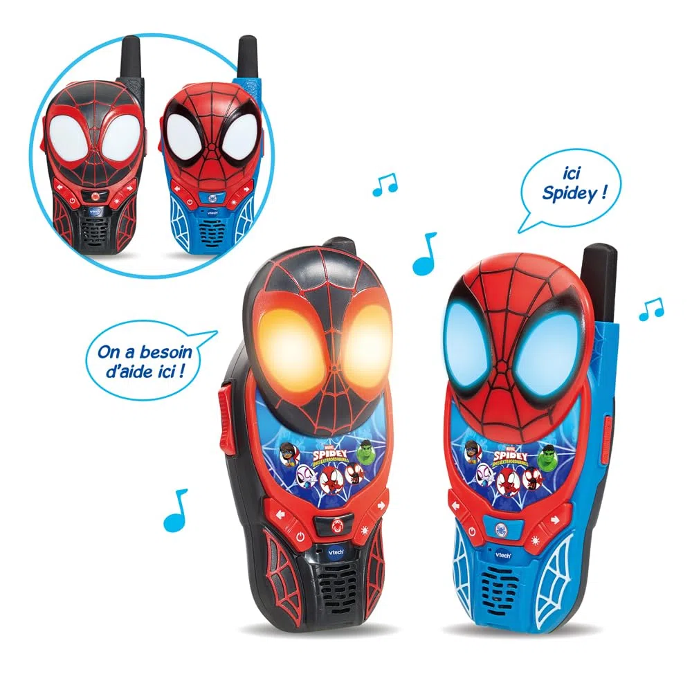 VTech - Talkies-Walkies Interactifs Spidey et Ses Amis - 2 Talkie Walkie Spidey/Spin - Communication Sécurisée, Jeux et Effets Lumineux - Cadeau Enfant de 3 Ans à 7 Ans - Contenu en Français