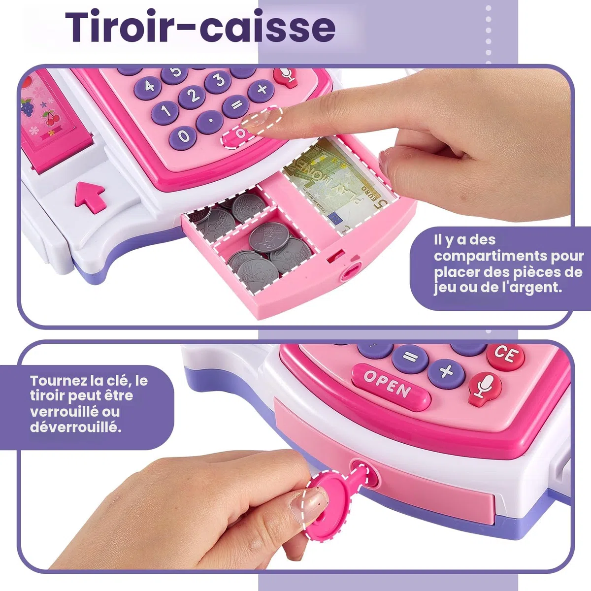 Buyger Grande Caisse Enregistreuse Enfants de 3+ Ans, Imprimante Automatique de Reçus et Scanner, Accessoires de Jouets Alimentaires Marchands, Jeux de Rôle, Cadeaux Éducatifs pour Garçons Filles