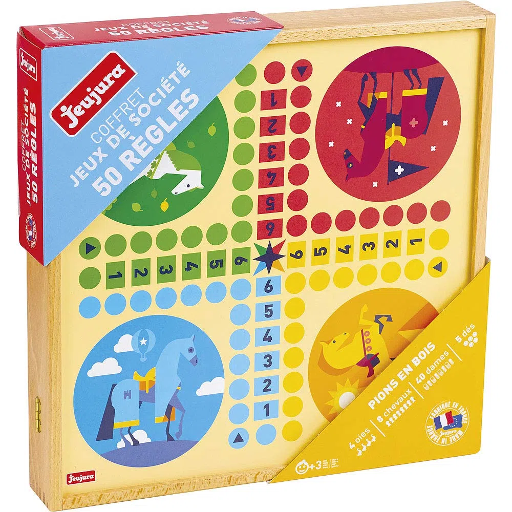 Jeujura- Coffret Classiques Petits Chevaux l’oie Dames marelle-yams-421-50 Règles-4 Plateaux de Jeu et pions en Bois-2 à 6 Joueurs, 8119, White