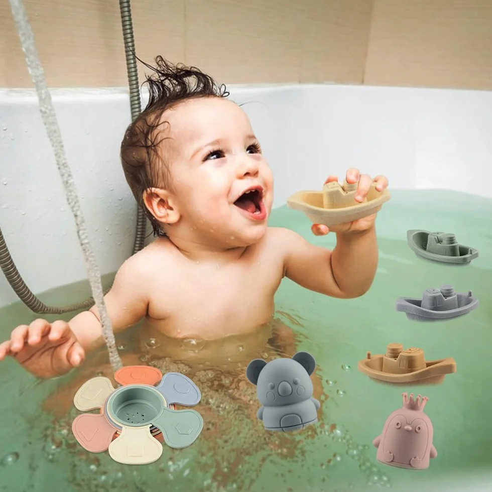 Jouet Bain Bébé, 16 Pièces Jouets de Bain Jouets à Presser Sensoriels avec Bateaux Empilables et Cuillère, Jeux de Bain Jouets de Douche de Bébé Amusants Jouets Flottants pour Bebe Enfant