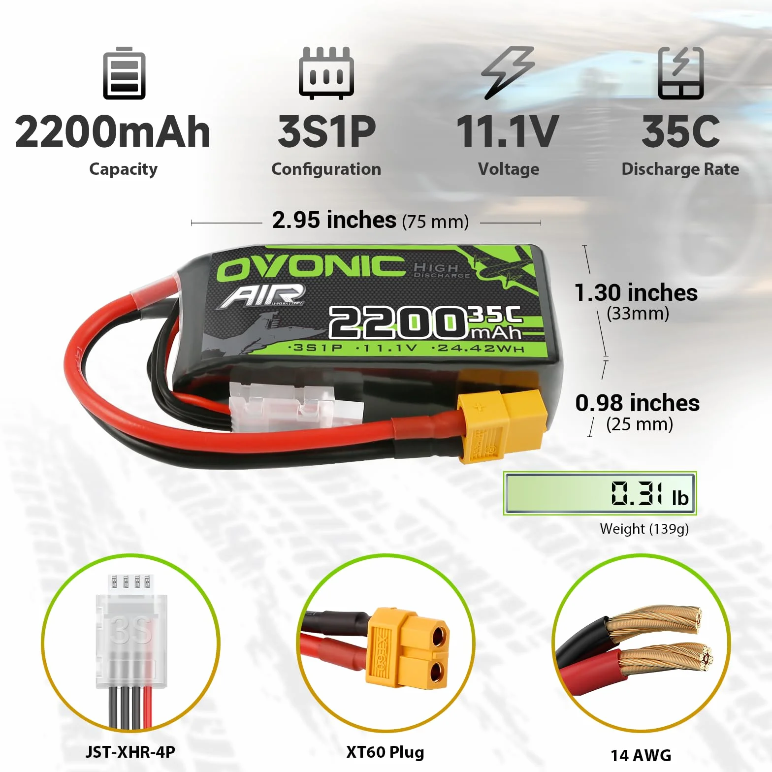 OVONIC Lipo Batterie 3s 35C 2200mAh 11.1V Batterie Courte avec Décans pour RC Voiture Bateau Camion Heli Avion Quadcopter Multi-Moteur Hélicoptère DIY Hobby (2pcs)