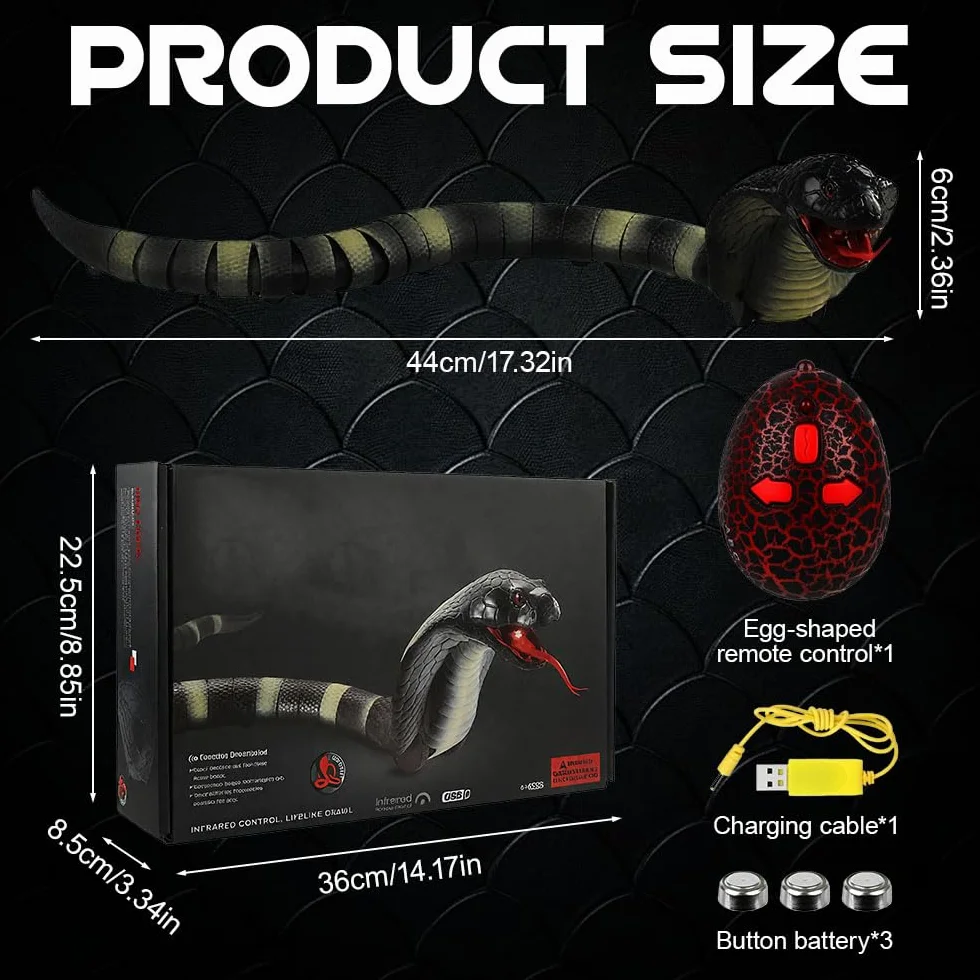 Serpent télécommandé, cobra radiocommandé, jouet serpent électrique, avec télécommande, yeux LED lumineux, langue rétractable