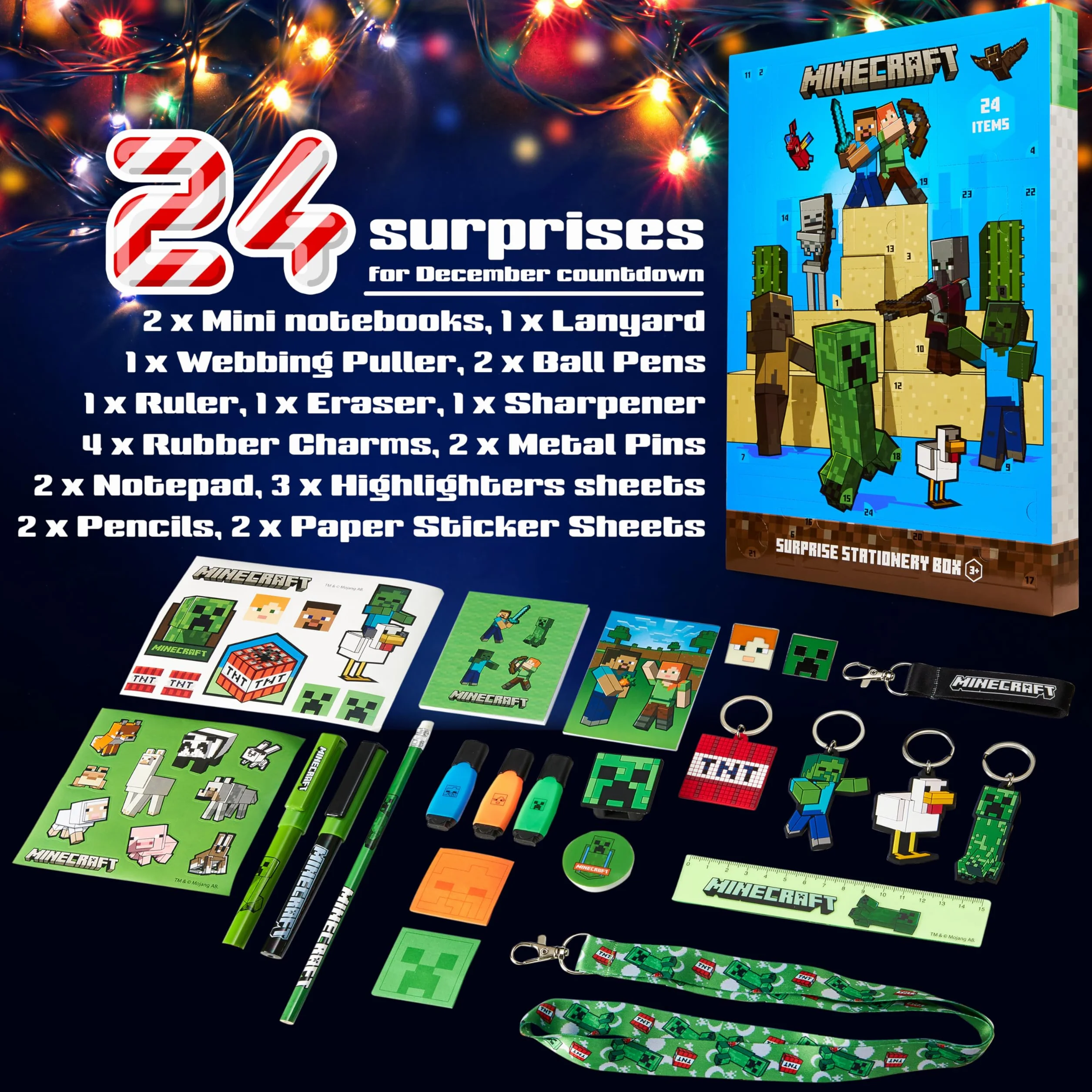 Minecraft Calendrier de l'Avent 2025 Enfant et Ado Creeper Compte à Rebours Noel 24 Surprises Papeterie Original et Accessoires Kawaii Cadeau Enfant (Bleu)
