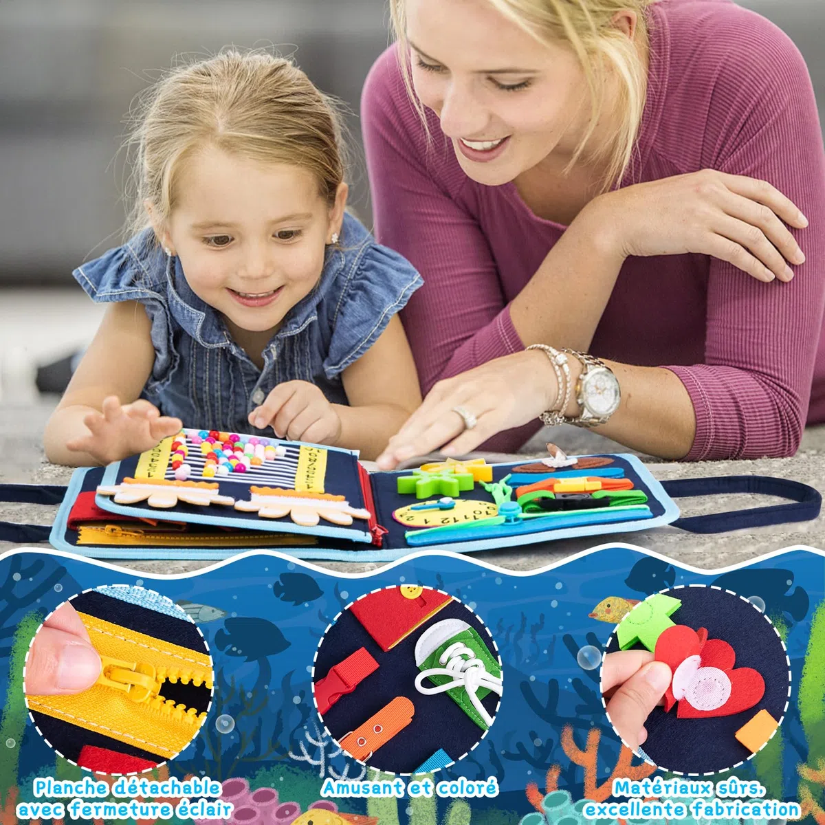 Busy Board Montessori, Tableau Montessori Jouets d'activité et de Développement, Livre Montessori 1 an, Jeux Educatif Apprentissage Préscolaire, Motricité Bébé pour Enfants 1 2 3 4 Ans (Bleu)