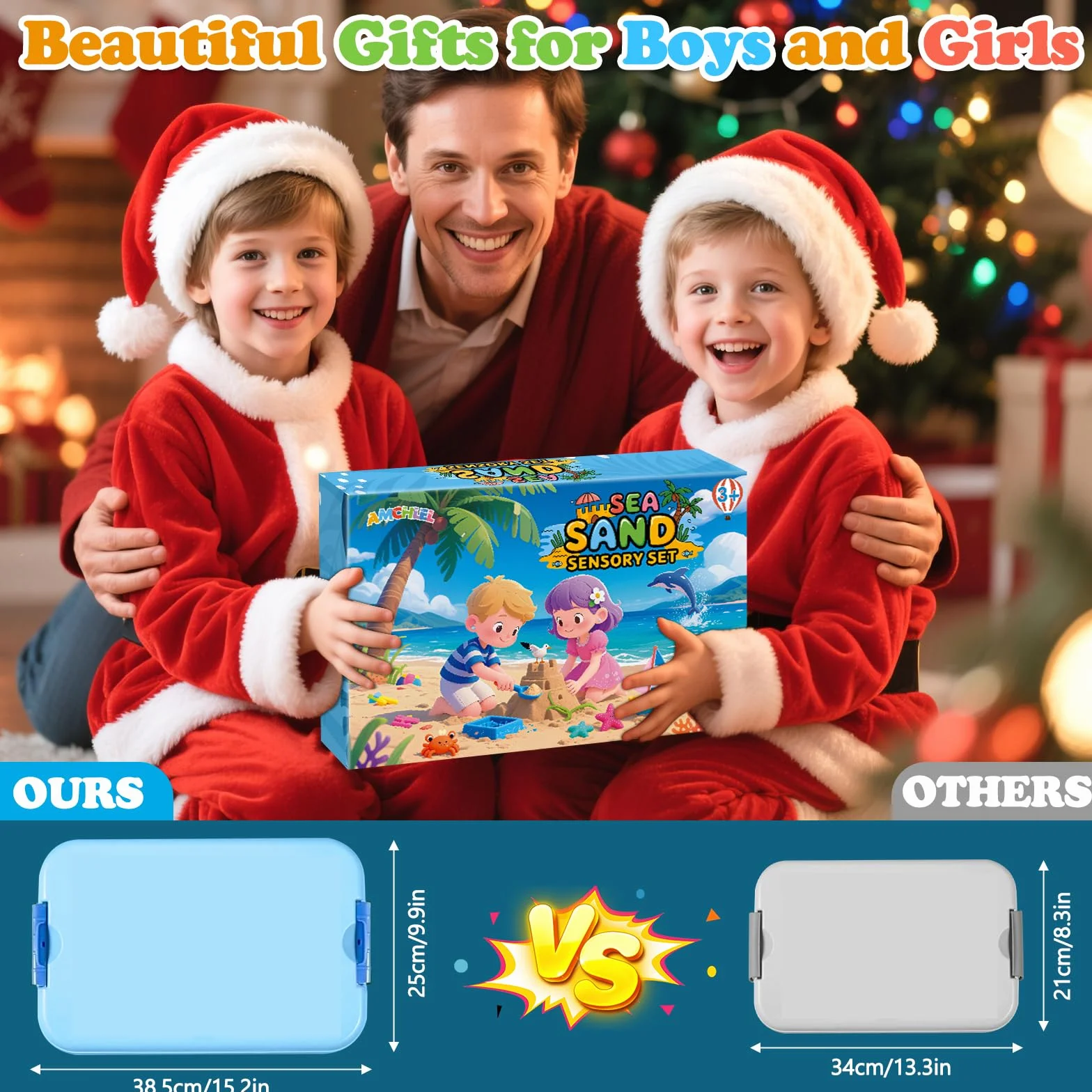AMCHLEL Sable Magique, Jouets Sensoriels Enfant, Magic Sand avec Moule à Sable et Des Jouets Océaniques, Bac a Sable avec Couvercle, Sable Magique Enfant pour 3+Ans Garçon Fille