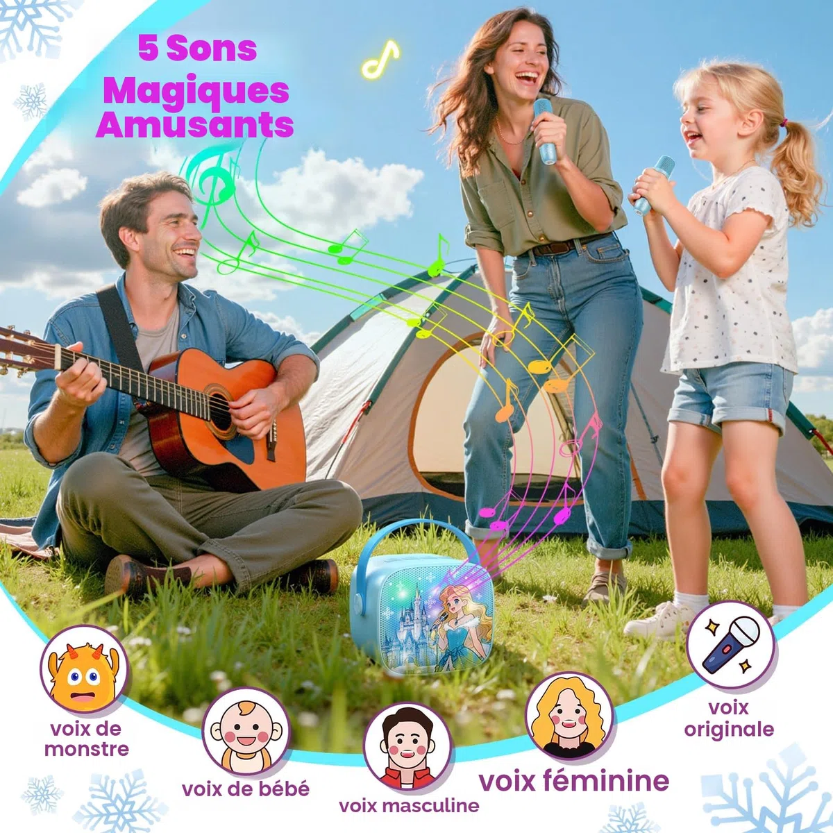 Braxel Micro Karaoke Enfant, Kit Karaoké Bluetooth Thème La Reine des Neiges avec 2 Micros, Effets Vocaux et Lumières LED, Haut-Parleur Portable, pour Filles 3-12 Ans (Bleu)