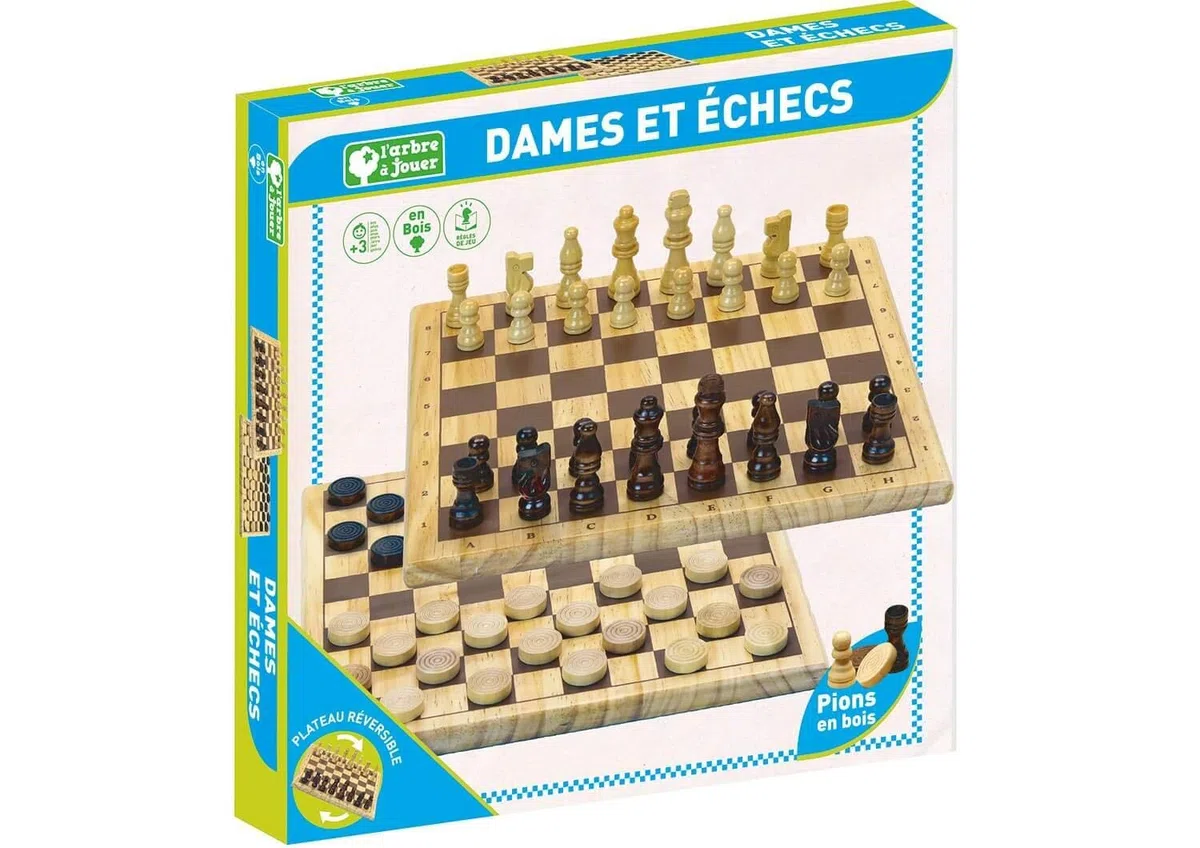 Jeux de Dames et d'Echecs : Plateau réversible en Bois - l'arbre à Jouer - Jeu de Société - Âge Minimum : 3 Ans