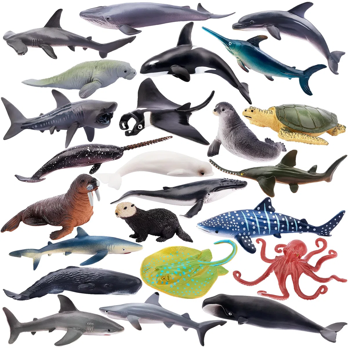 Toymany Ensemble de 24 Figurines d'Animaux Marins et d'Océan - Mini-Animaux en Plastique, Poissons de Mer, Poulpe - pour Jouer ou Comme Décoration