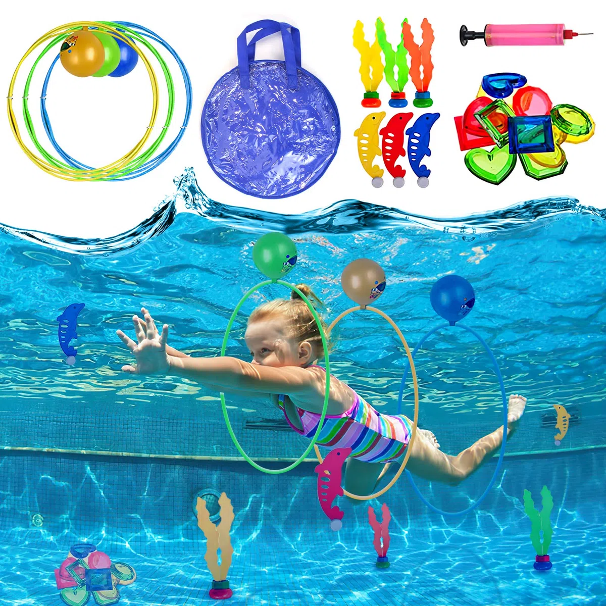 Jouets de Piscine pour Enfants 5-12 Ans, Ensemble de Plongée avec Anneaux, Dauphins, Herbes Marines, Pierres Précieuses et Sac de Rangement