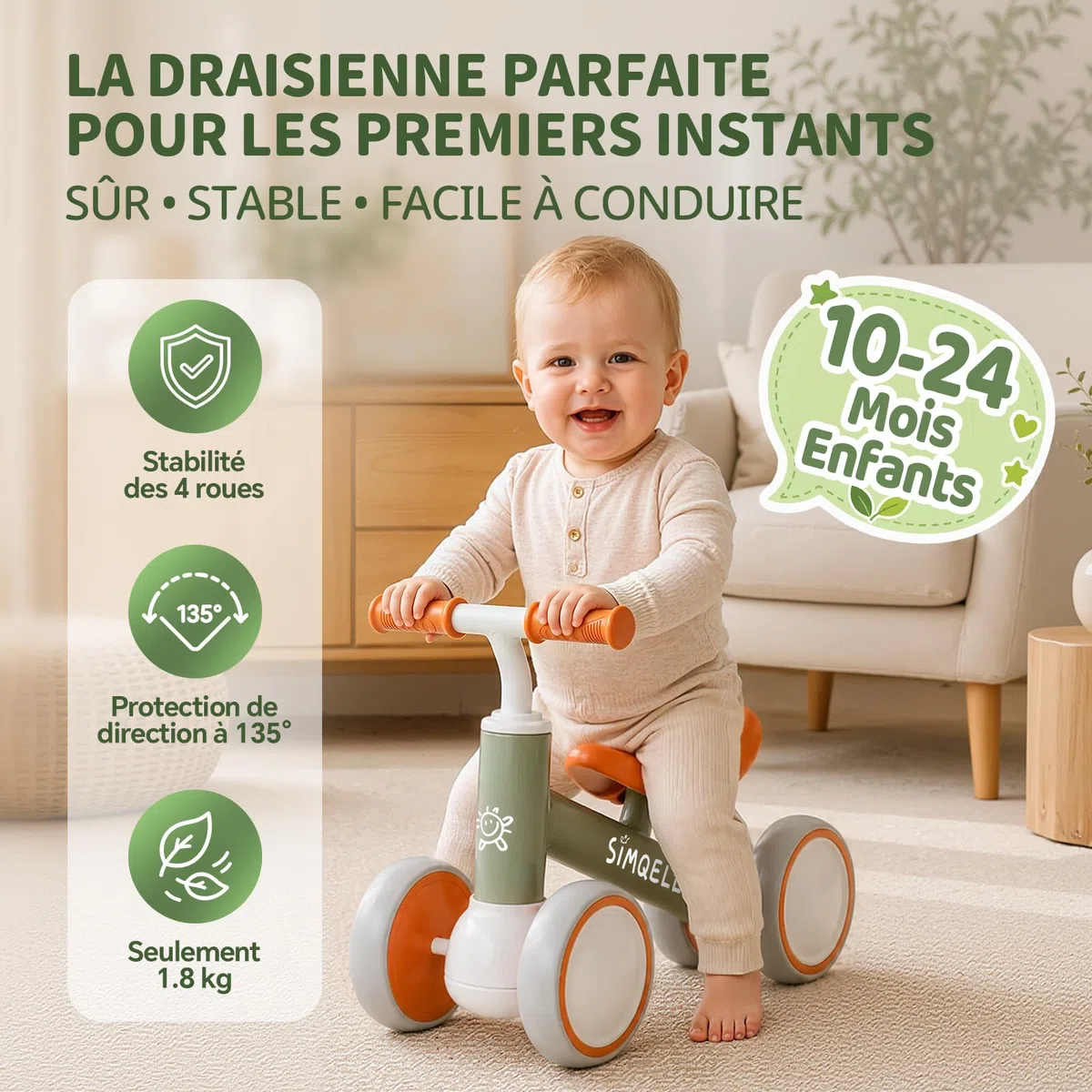 Draisienne Bebe 1 an, Jouet Enfant pour 10-24 Mois, Vélo sans Pédales, Porteur Enfant 1 an, 4 Roues Vélo d'équilibre pour Garçons et Filles, Premier Cadeau Bébé Anniversaire Noel