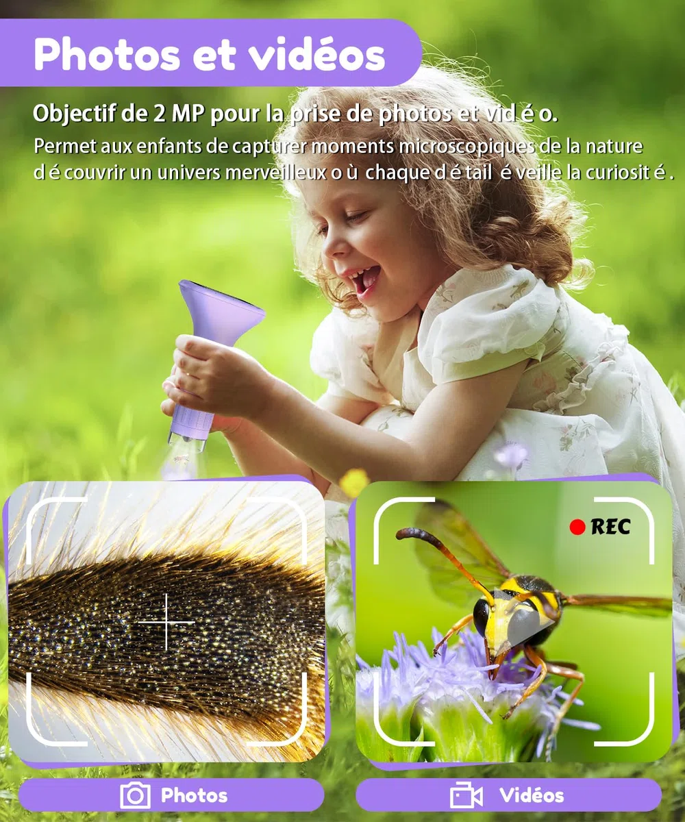 USCAMEL Microscope Numérique pour Enfant Petiscope : 1000x Microscope de Poche Écran IPS 2.0" Lumières LED Portable Miniscope Kit - Jouet 3 à 12 Ans Éducatif pour Explorateurs de la Nature