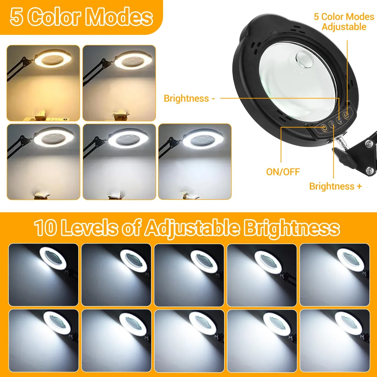 Lampe Loupe 10-15X avec Pince,Loupe Multifonctionnelle,Lampe De Table Led à Intensité Variable avec 5 Modes De Couleur,9 Niveaux De Luminosité pour Les RéParations,L'artisanat,Le Travail de Près