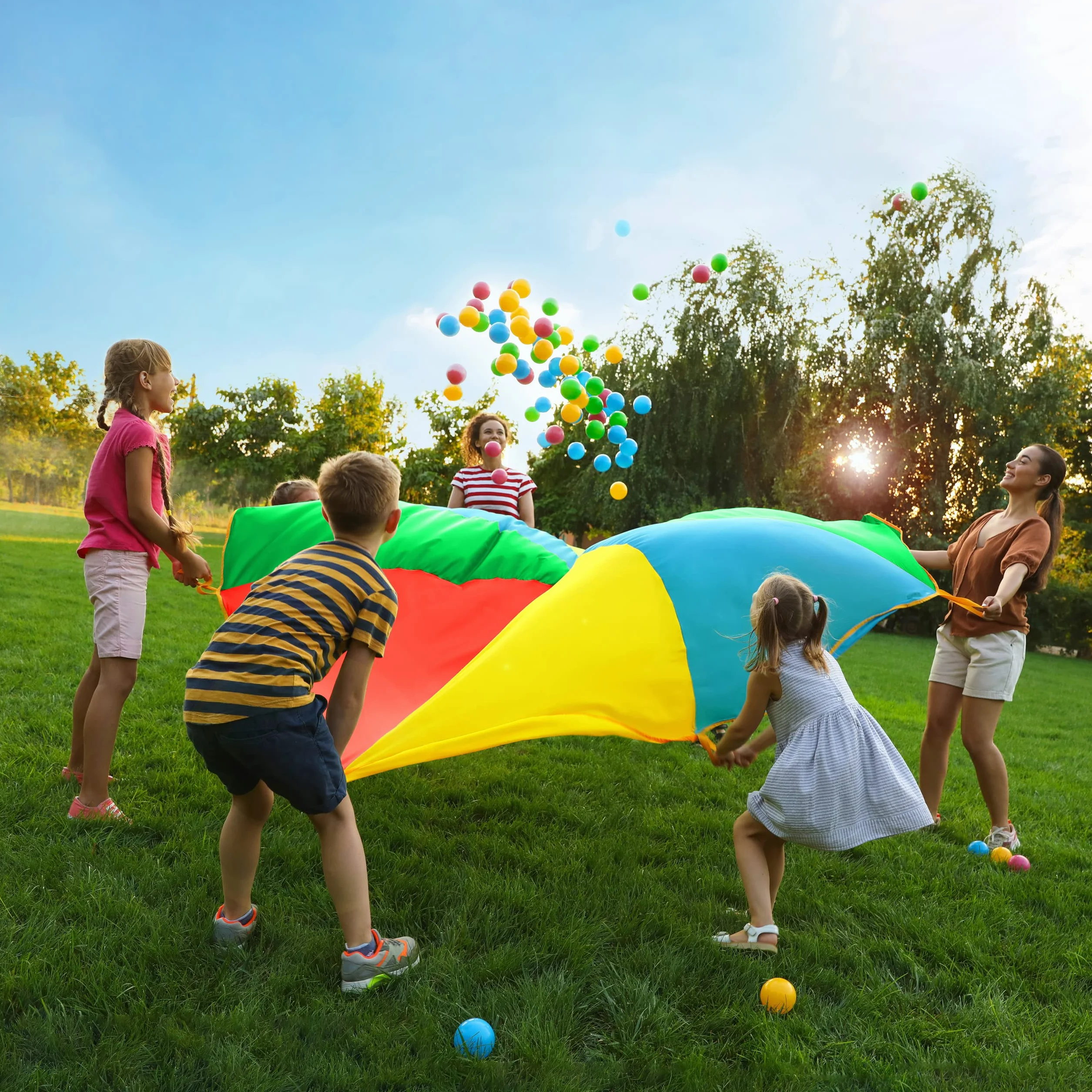 THE TWIDDLERS XL Grande Tente de Parachute Arc-en-Ciel avec 12 Poignées pour Garçons & Filles - 3,7m - École & Jeu Extérieur, Anniversaire Enfants