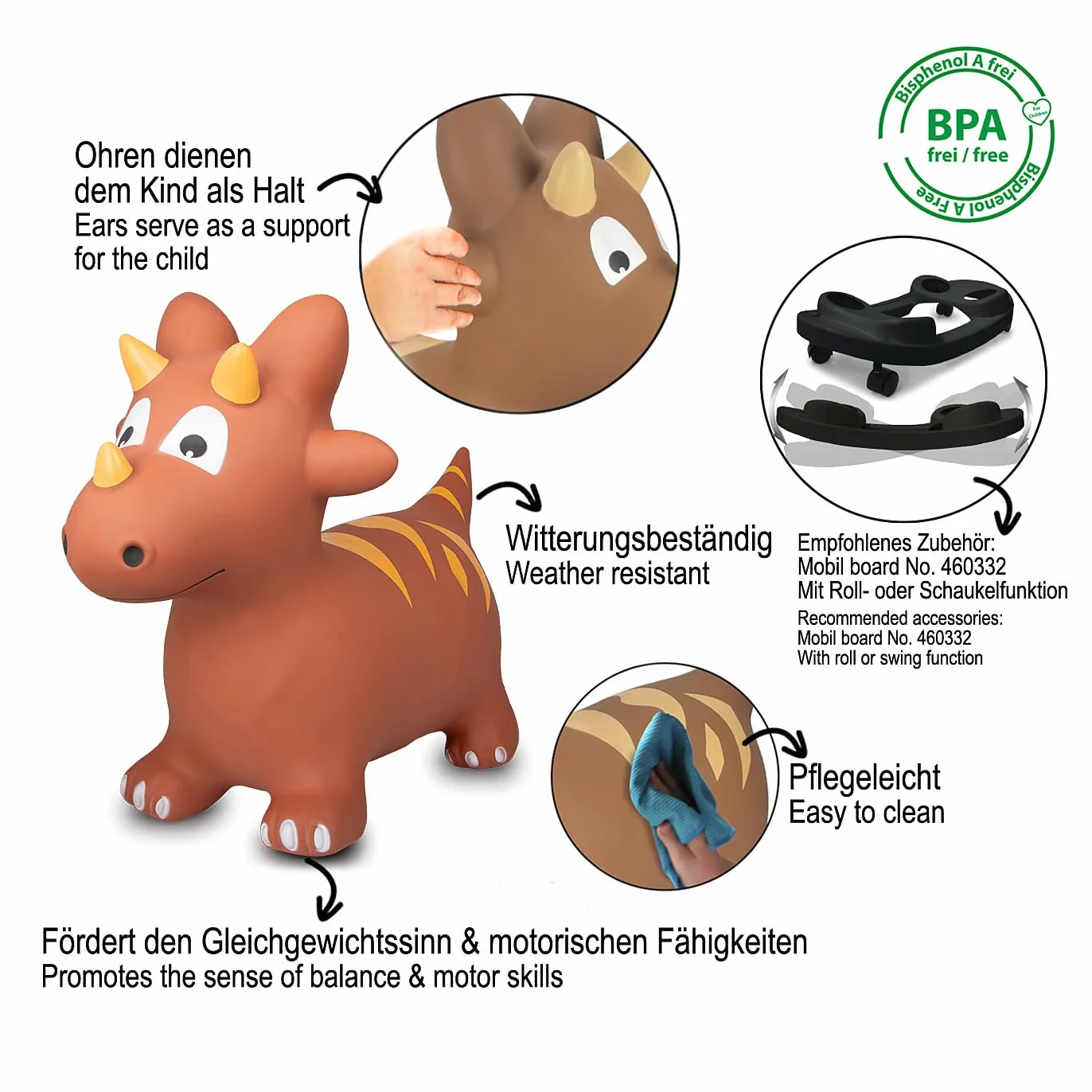 JAMARA 460591 - Dinosaure Sauteur avec Pompe - sans BPA - Jusqu'à 50 kg - Favorise Le Sens de l'équilibre et la motricité - Les Oreilles d'animaux servent de Soutien, Robuste et résistant, Facile