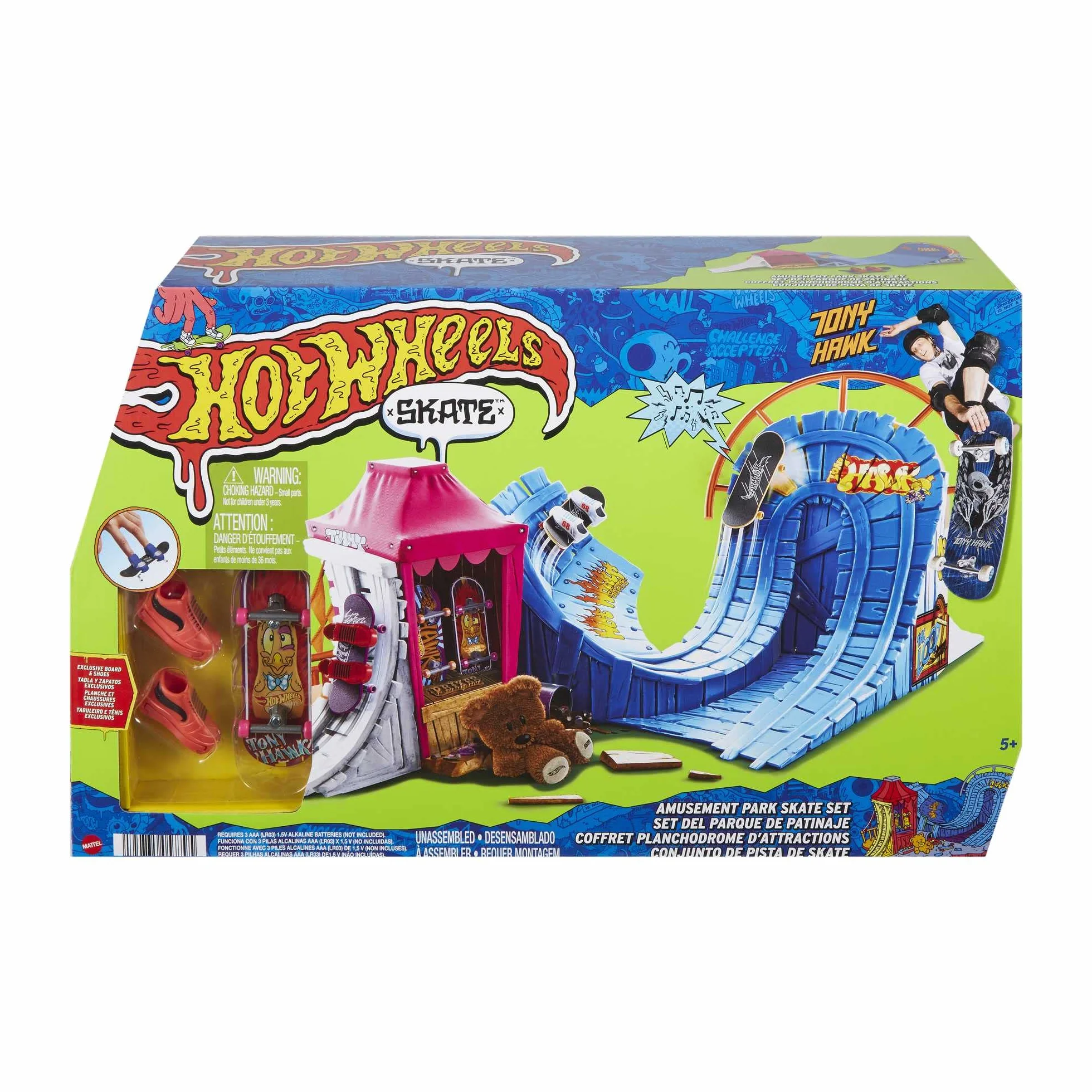 Hot Wheels Coffret Skate Skatepark Pack Attractions, 1 Fingerboard Tony Hawk et 1 Paire de Chaussures de Skate pour Doigts, Exclusif, Jouet Enfant, Dès 3 Ans, HGT95