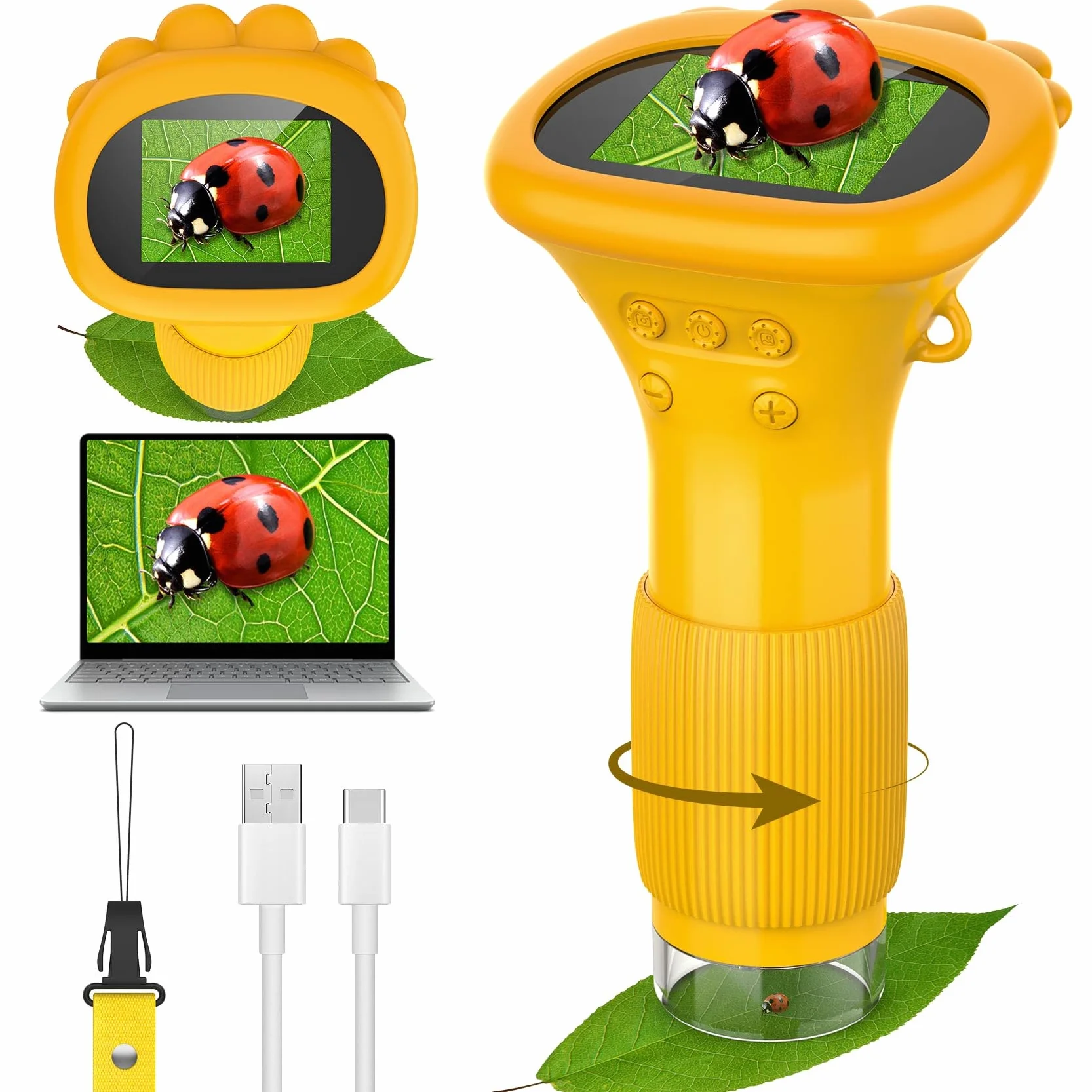 GlobalCrown Microscope Enfant, Microscope numérique de Poche avec lumière LED réglable,200x loupe microscopique Portable,Cadeau éducatif Scientifique pour garçons Filles de 3 4 5 6 7 8 Ans
