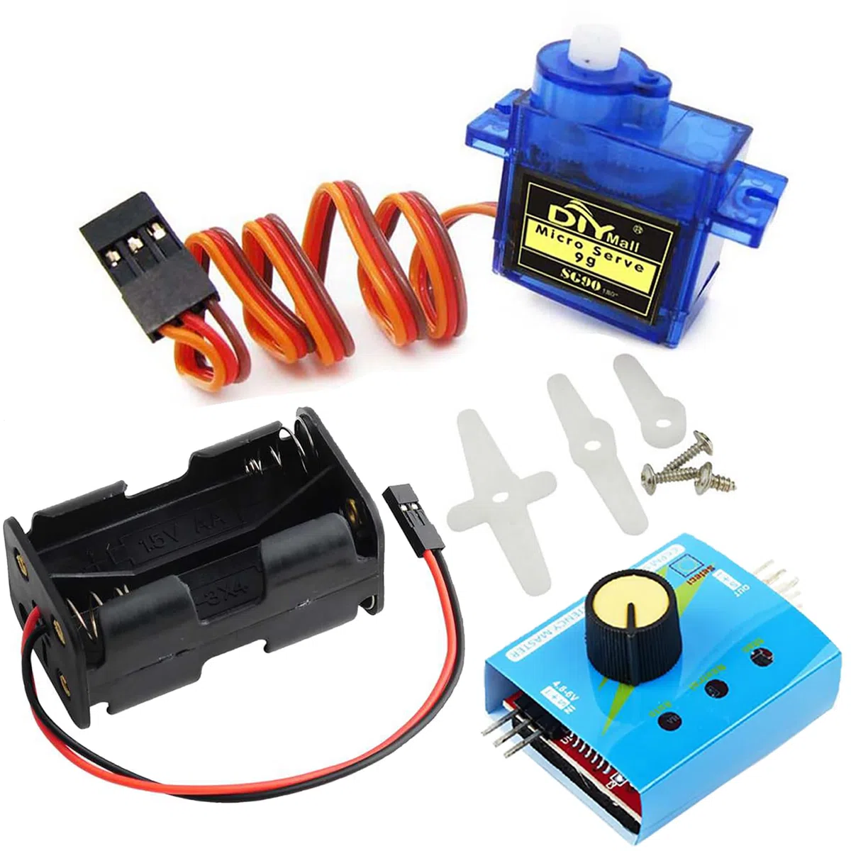 SG90 Kit de testeur de moteur servo 9 g Micro Servo 180 degrés + contrôleur micro servo RC avec boîtier d'alimentation 4 piles AA et connecteur JR