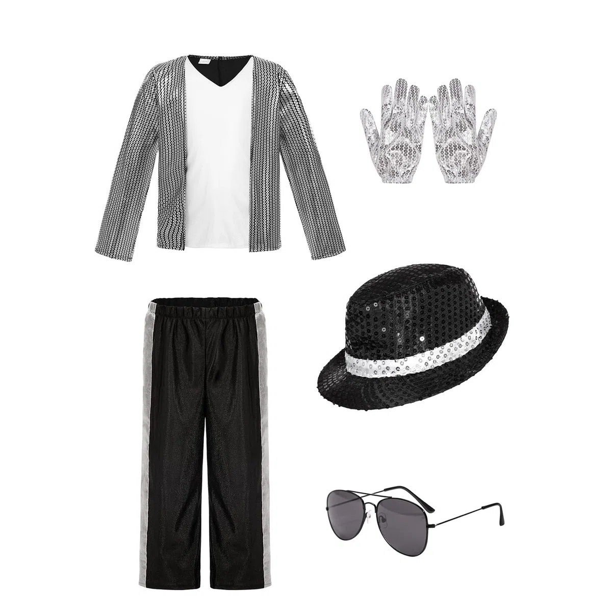 Deguisement Roi de la Pop Garcon à Années 80-90 Veste A Paillettes Argentees Pantalon Chapeau Lunettes Gants pour Halloween Carnaval Cosplay Spectacle Enfant 4-12 Ans