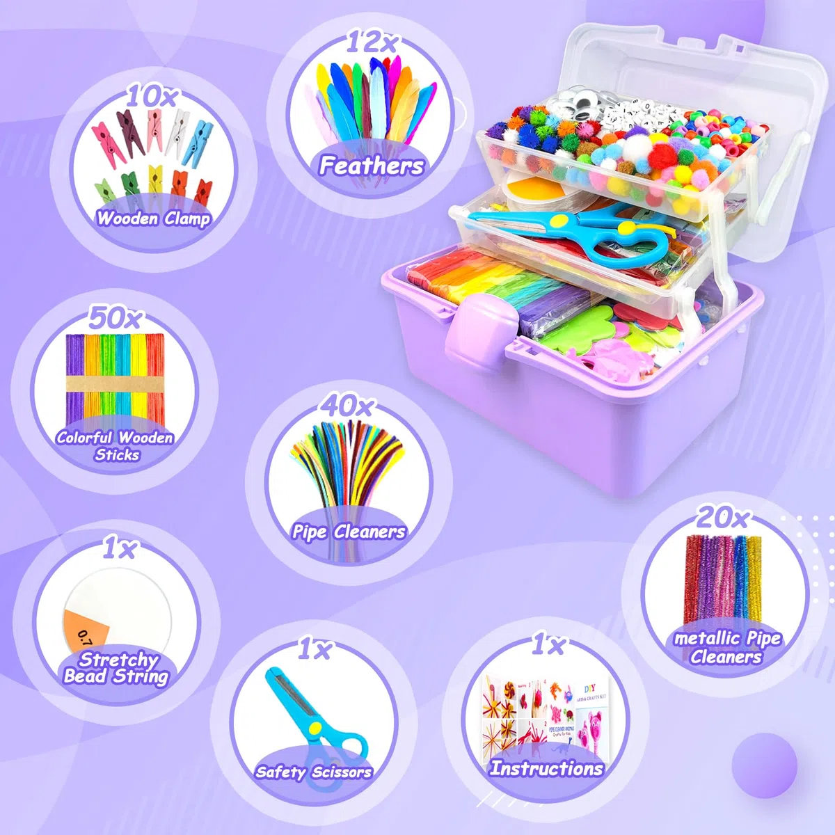 3000 Pcs Activité Manuelle Enfant Kit Bricolage Enfant Boîte Bricolage à 3 Niveaux avec Pipe Cleaners Kits de Loisir Creatif Enfant DIY Jouets Cadeaux pour Filles et Garçons 4-6 6-8 8-12 Ans, Violet