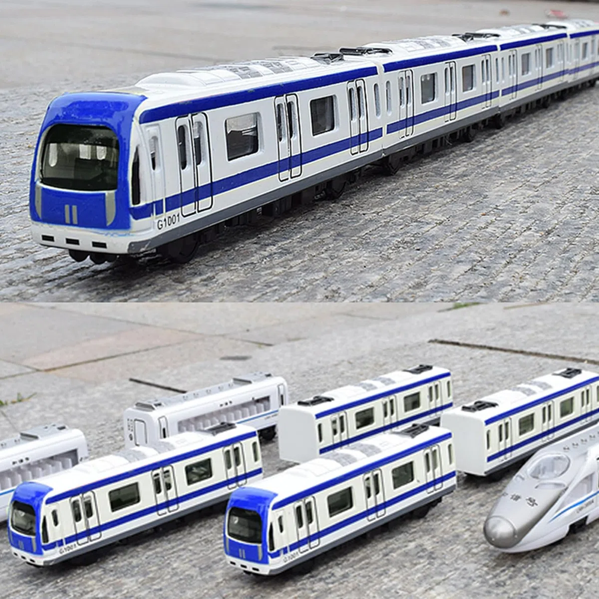 Modèle de Train, Ensemble de 4 pièces Alliage City Rail modèle de Train de métro, modèle de métro/Voiture en Alliage à l'échelle 1/64, Bleu et Blanc