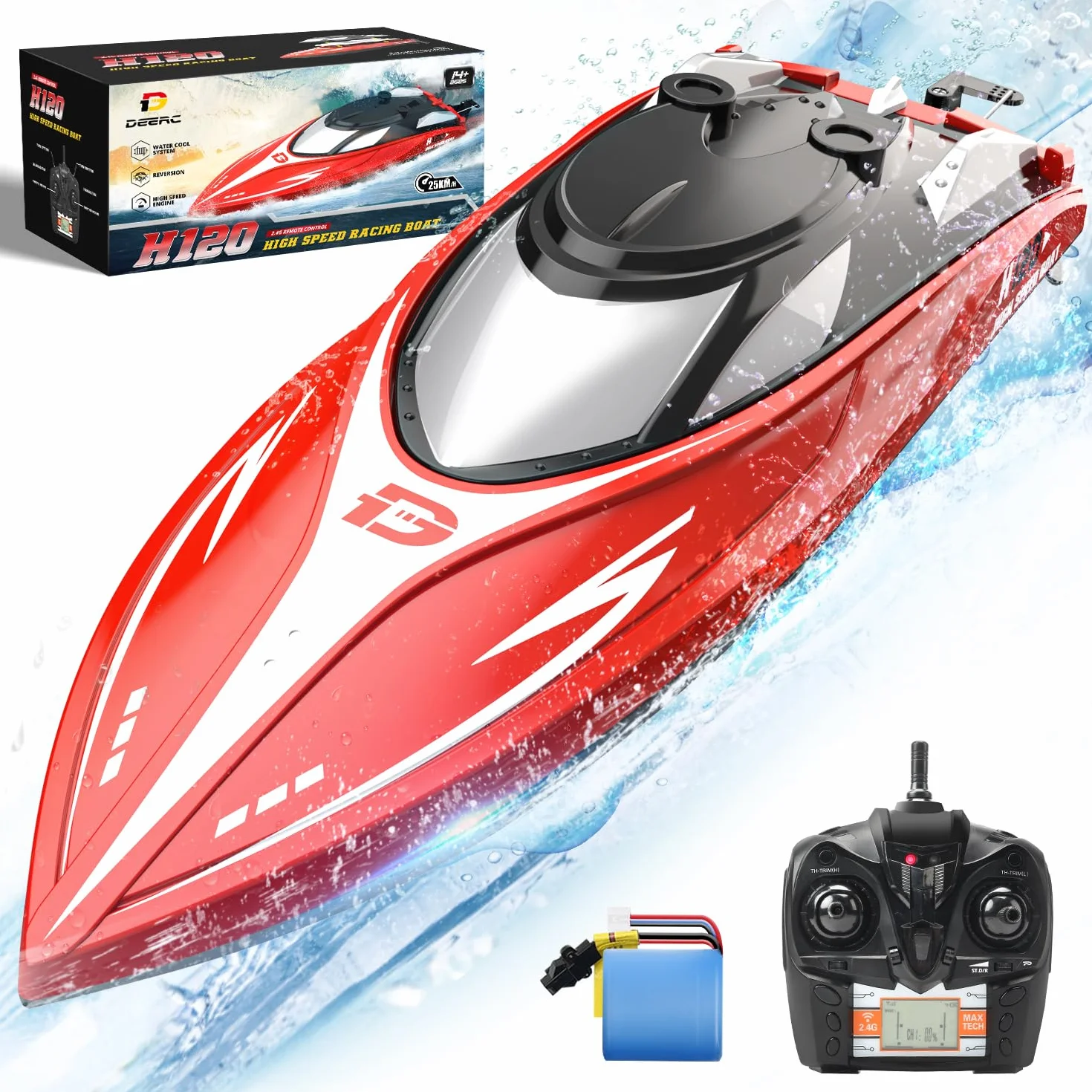 DEERC H120 Bateau Télécommandé Rapide pour piscines et Lacs, Bateau Course 2.4 GHz 20+ MPH Enfants et Adultes avec 2 Batterie Rechargeable, Alarme de Faible Batterie, récupération en Cas chavirement.
