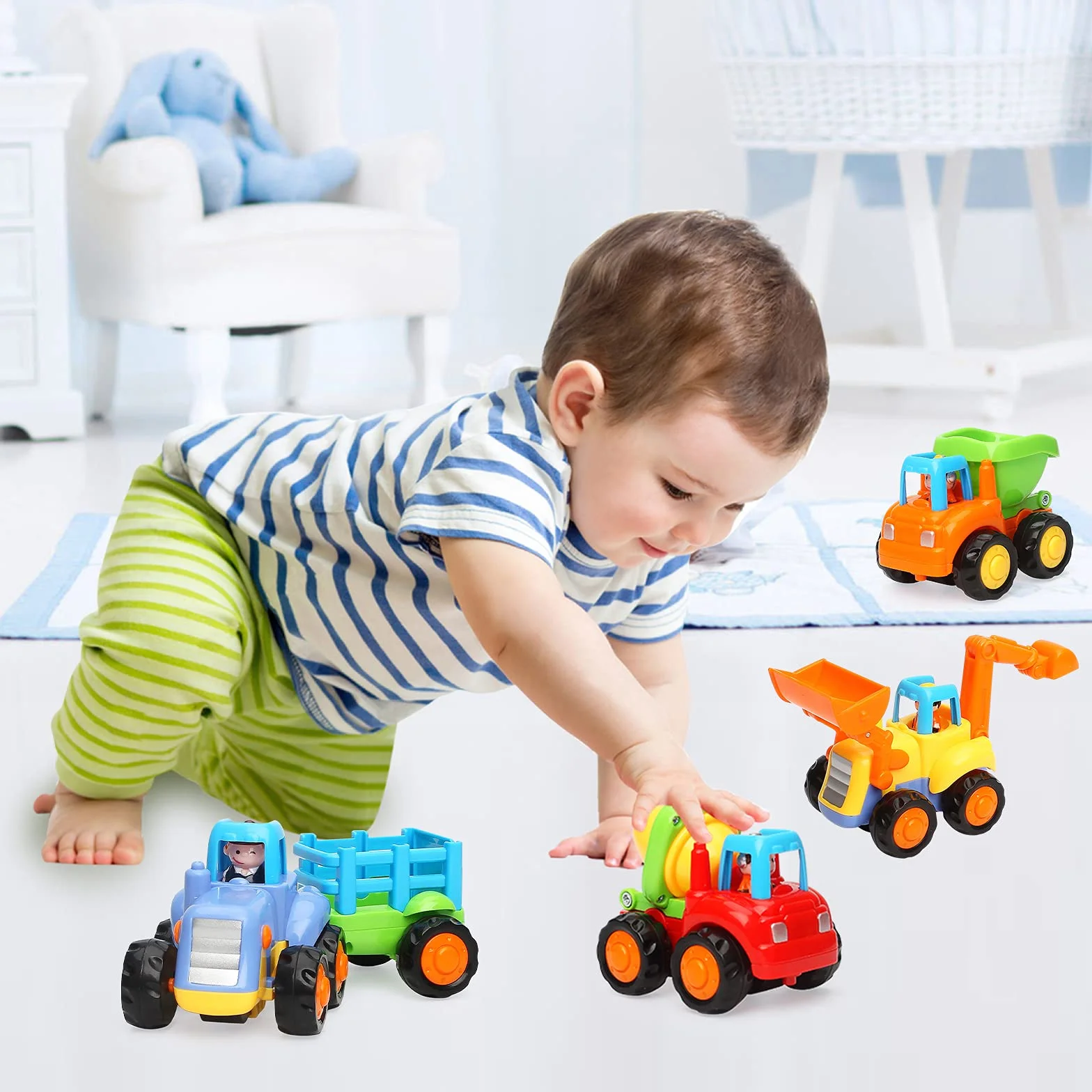 TINOTEEN Voiture Jouets pour Bébé, Jouet à Friction pour Garcon Fille Enfants de 1 2 3 Ans,Set de 4 avec Tracteur,Bulldozer,Mixeur de Camion et Camion