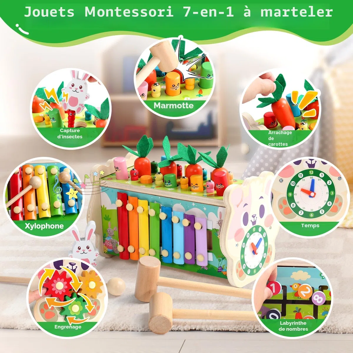 Fajiabao Jouet Bebe 1 an Montessori- 7 en 1 Jeux en Bois Educatif Jouet Enfant 1 an Jeu Marteau et Xylophone Bebe, Cueillir Les Navets, Cadeau Enfant 1 2 3 Ans Garcon Fille Anniversaire