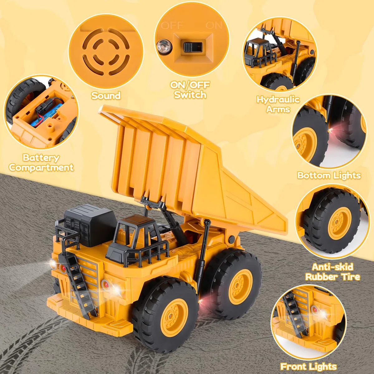 Highttoy Camion Benne Télécommande Enfant, Jouet Camion Poubelle 6 Canaux Échelle 1:24 Véhicule de Chantier Télécommandée avec LED et Son