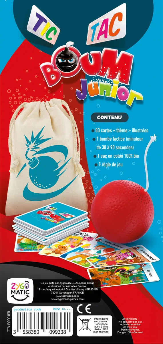 Asmodee - TIC TAC BOUM Junior - Jeu d'Ambiance pour Enfants dès 5 Ans -Jeu de Cartes & Rapidité - Trouvez 1 Mot avec 1 Syllabe - avec Bombe Minuteur - 2 à 12 Joueurs - 15 Min -en Français - Zygomatic