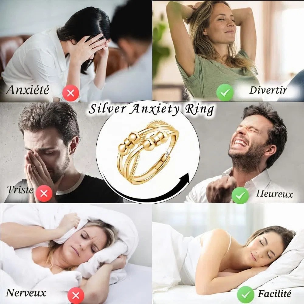 Bague anti-anxiété en argent sterling 925 pour homme et femme, bague réglable en plaqué or blanc/or rose/or plaqué or
