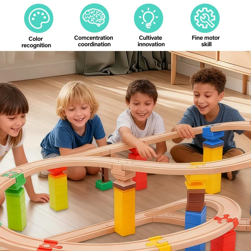 Train en Bois Enfant Accessoires de Rail en Plastique, 28 Pièces Adaptateurs De Pont Compatibles, Adaptateurs de Rails en Bois Universels, Convient pour Les Enfants Agés de 3 à 7 Ans