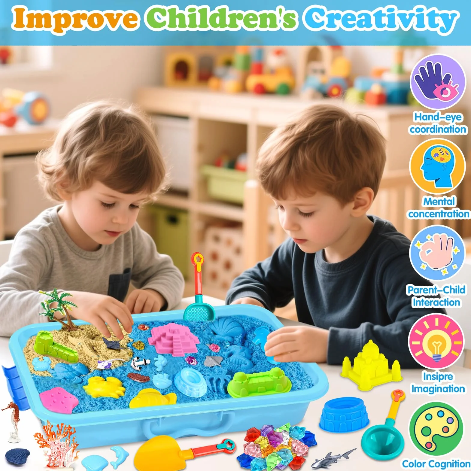 AMCHLEL Sable Magique, Jouets Sensoriels Enfant, Magic Sand avec Moule à Sable et Des Jouets Océaniques, Bac a Sable avec Couvercle, Sable Magique Enfant pour 3+Ans Garçon Fille