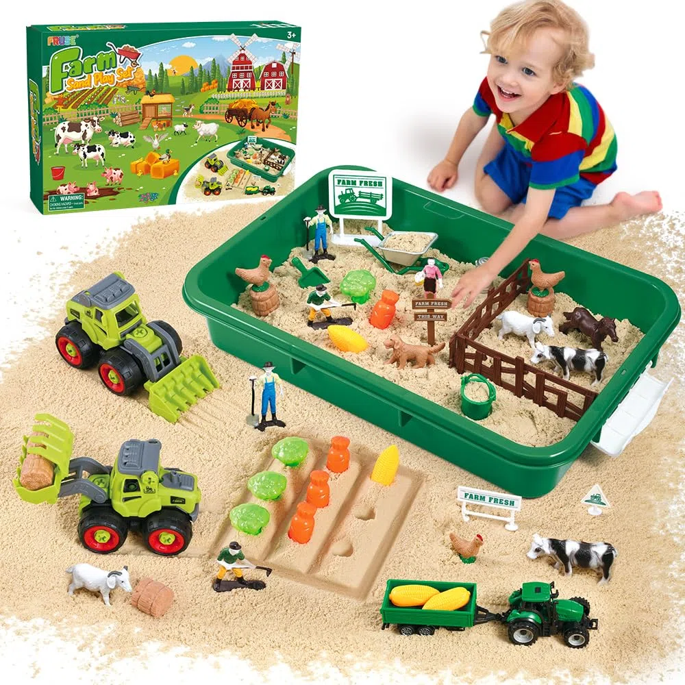 FRUSE Sable Jouet Magique pour Animaux de la Ferme,Jouets Sensoriels avec 1 KG Sable Sensoriels,Figurines Animaux,et Tracteur Jouet,Bac a Sable avec Couvercle,Sable Jouet pour Enfant de 3 à 8 ans