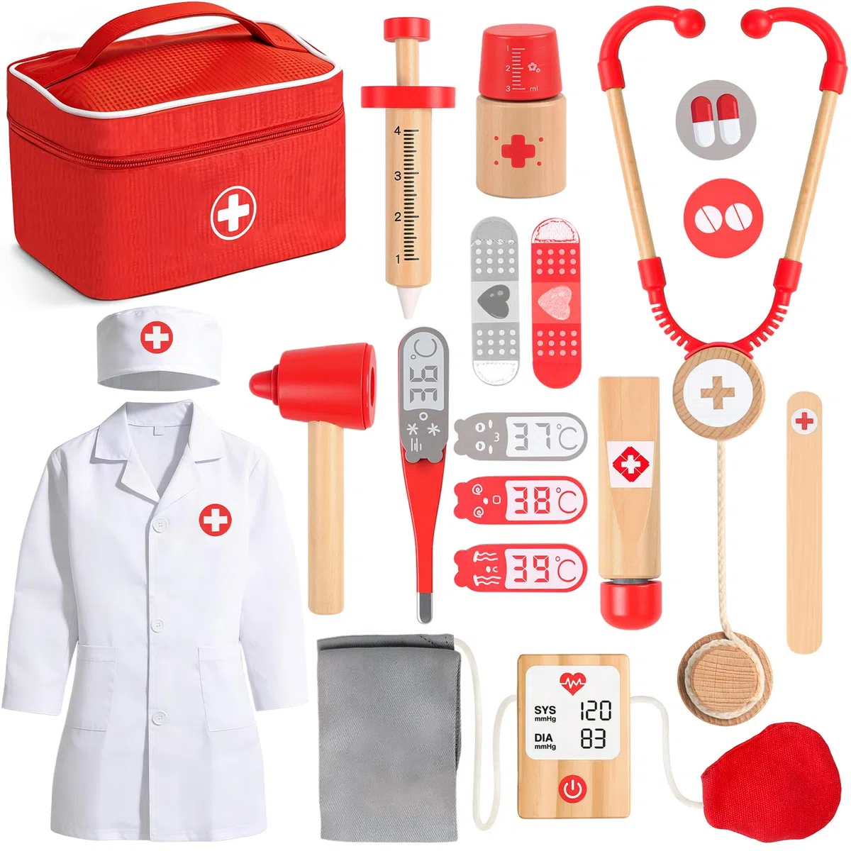 Jouet Enfant 3 Ans, Malette Docteur Enfant Jouet Fille Garçon 3 4 5 Ans, Jeux Enfants 3 Ans en Bois avec Blouse de Médecin, Mallette de médecin, Stéthoscope, Cadeau Enfant 3 Ans Jeux d'imitation