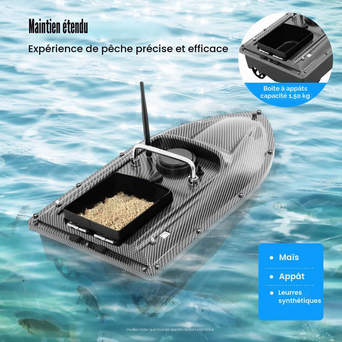 Bateau amorceur de pêche, 500 m, bateau à appâts avec télécommande et GPS, bateau amorceur pêche de nuit 2 kg, bateau de pêche pour retenues d'eau et lacs, vert