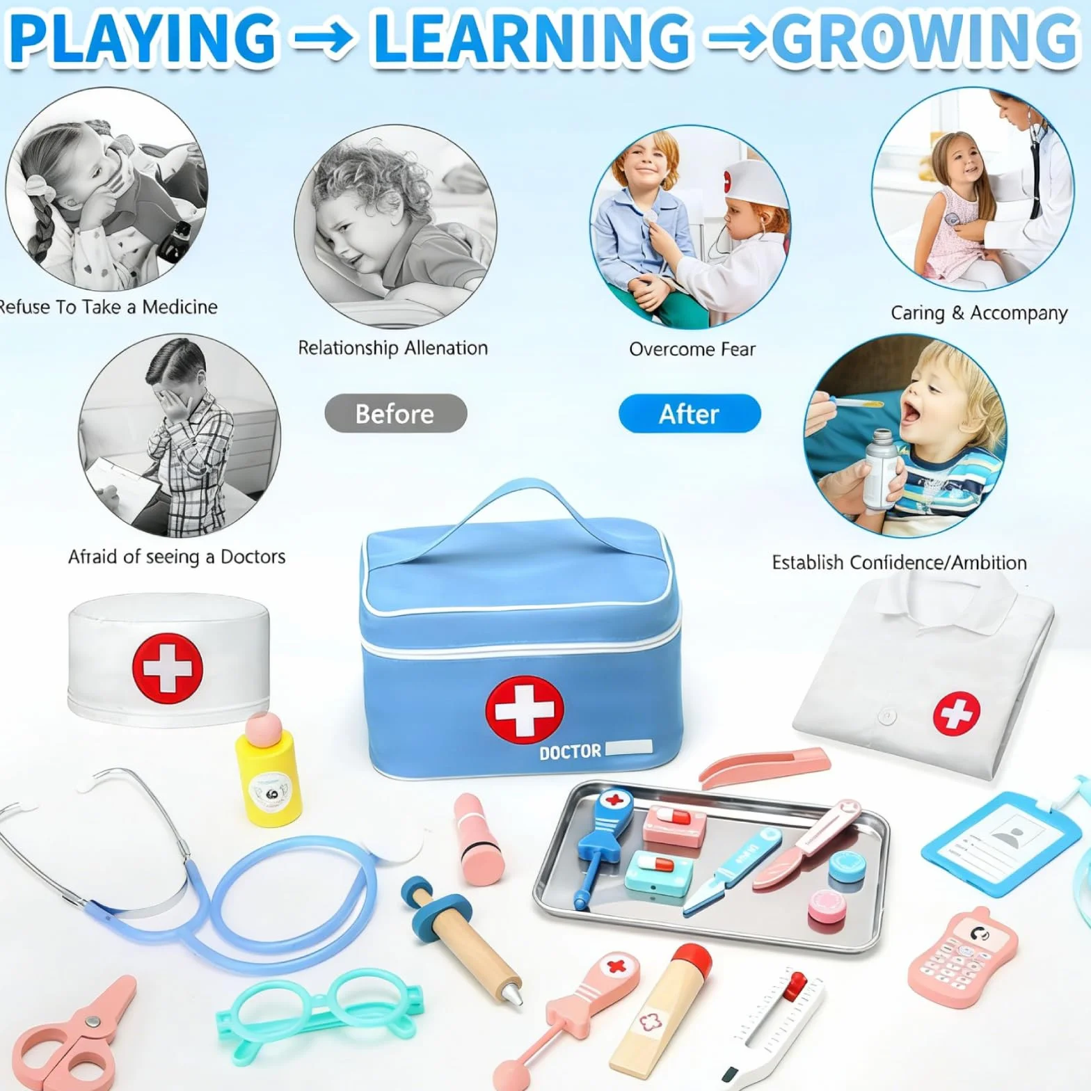Malette Docteur Enfant, avec Véritable Stéthoscope, Thermomètre, Blouse de Médecin et Sac de Médecin Portable, Malette Docteur Enfant pour Fille Garcon 3+ Ans, Jouet Enfant 3 4 Ans