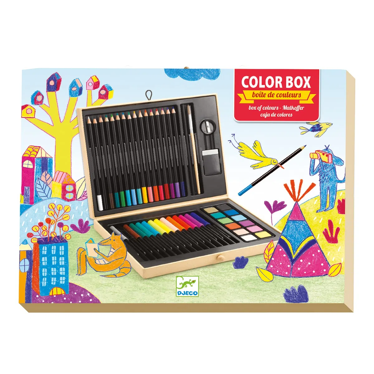 DJECO Boîte de Couleurs, dès 5 Ans - Contient Crayons, Feutres, Gouache, Pinceau, Gomme, Taille-Crayon - Stimule la Créativité - Mallette Art Portable et Personnalisable - Qualité Supérieure, EU