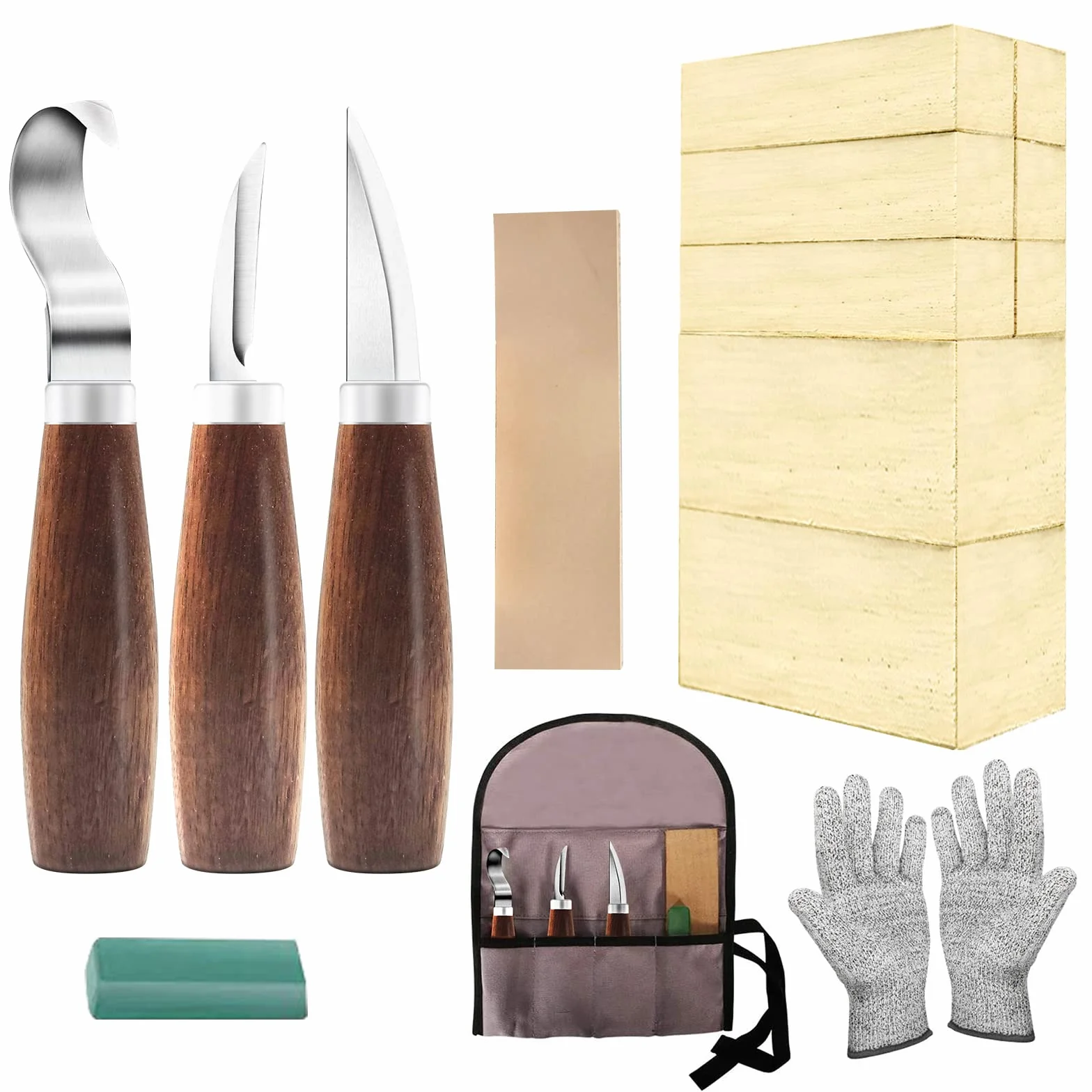Cor cordium Kit de sculpture sur bois avec blocs de tilleul pour débutants, kit de sculpture sur bois comprenant un couteau à sculpter 3 pièces, 8 blocs et des gants de sculpture sur bois