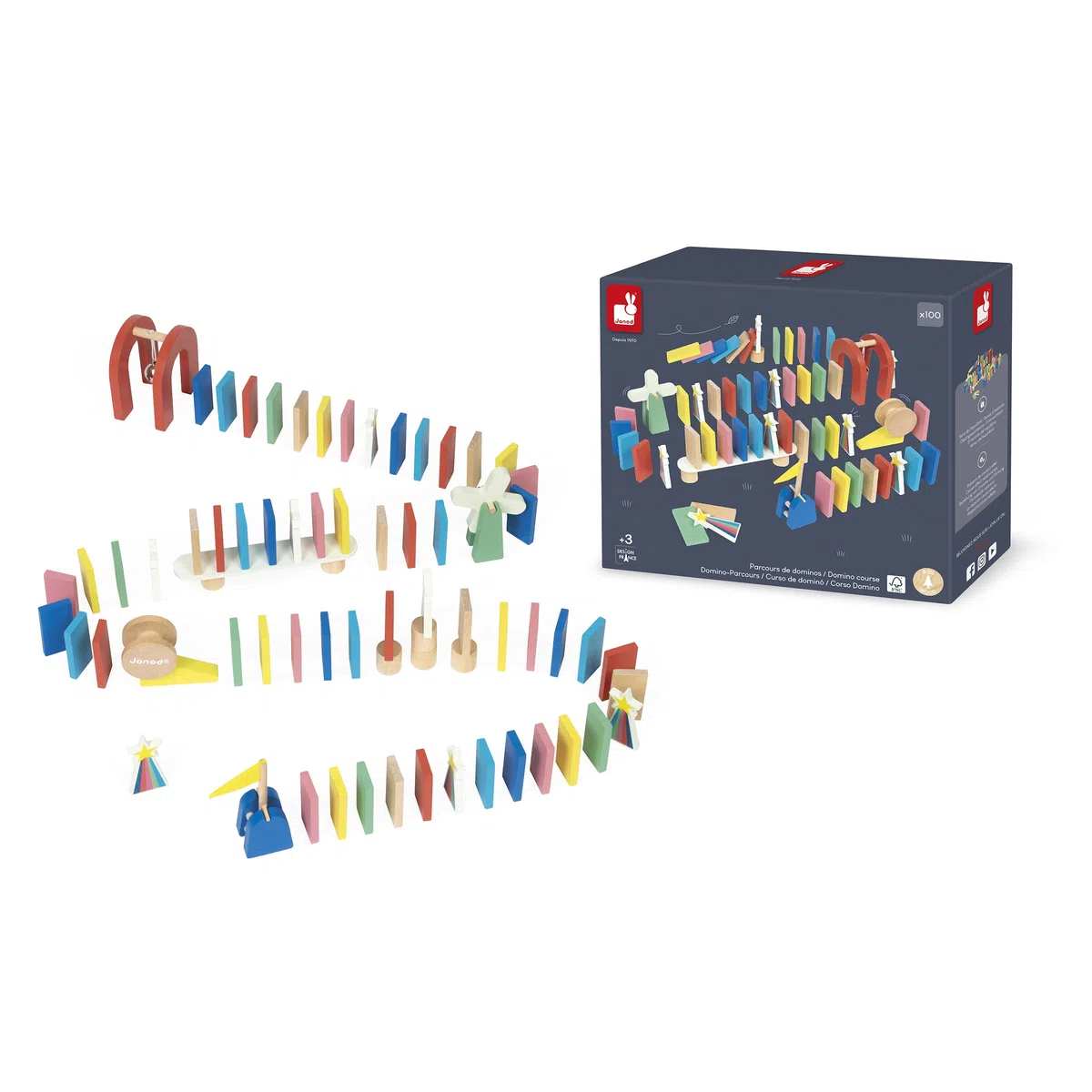 Janod - Jeu de Course de Dominos - Création Circuits et Parcours Dominos - Pack Complet 100 Pièces + Accessoires - Dès 3 Ans