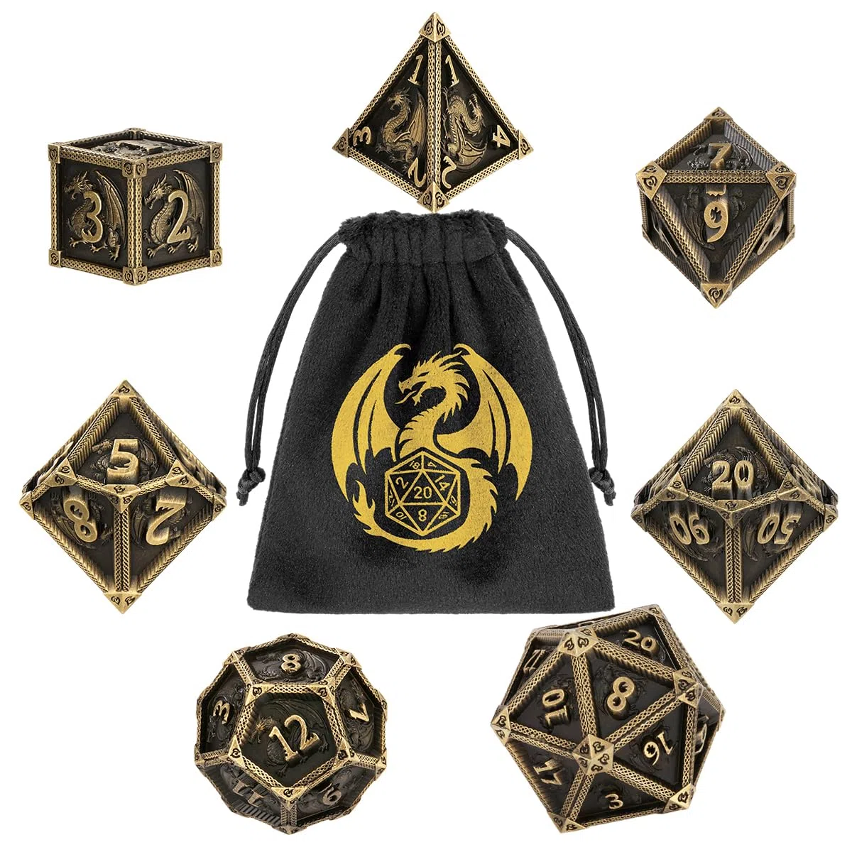 Lot de Dés en Métal DND, Motif de Dragon, 7 Dés Polyédriques en Métal, Accessoires pour Jeux de Rôle et Société, MTG, Cadeaux D&D avec Sac Cadeau, D20, D12, 2 D10 (00-90 et 0-9), D8, D6 et D4, Bronze