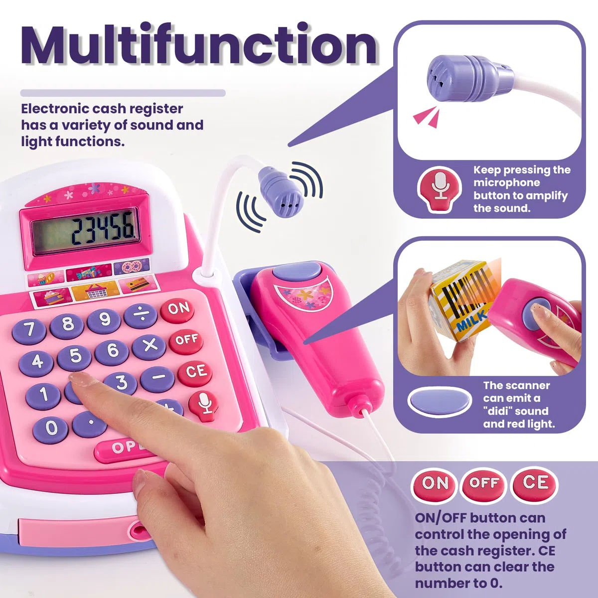 Buyger Grande Caisse Enregistreuse Enfants de 3+ Ans, Imprimante Automatique de Reçus et Scanner, Accessoires de Jouets Alimentaires Marchands, Jeux de Rôle, Cadeaux Éducatifs pour Garçons Filles